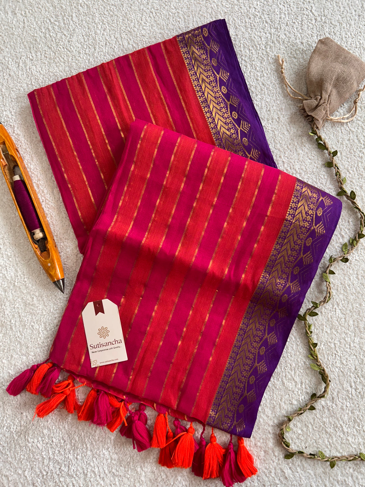 Rani Pink Golden Zari Stripe Heritage Border Pure Mul Cotton Saree