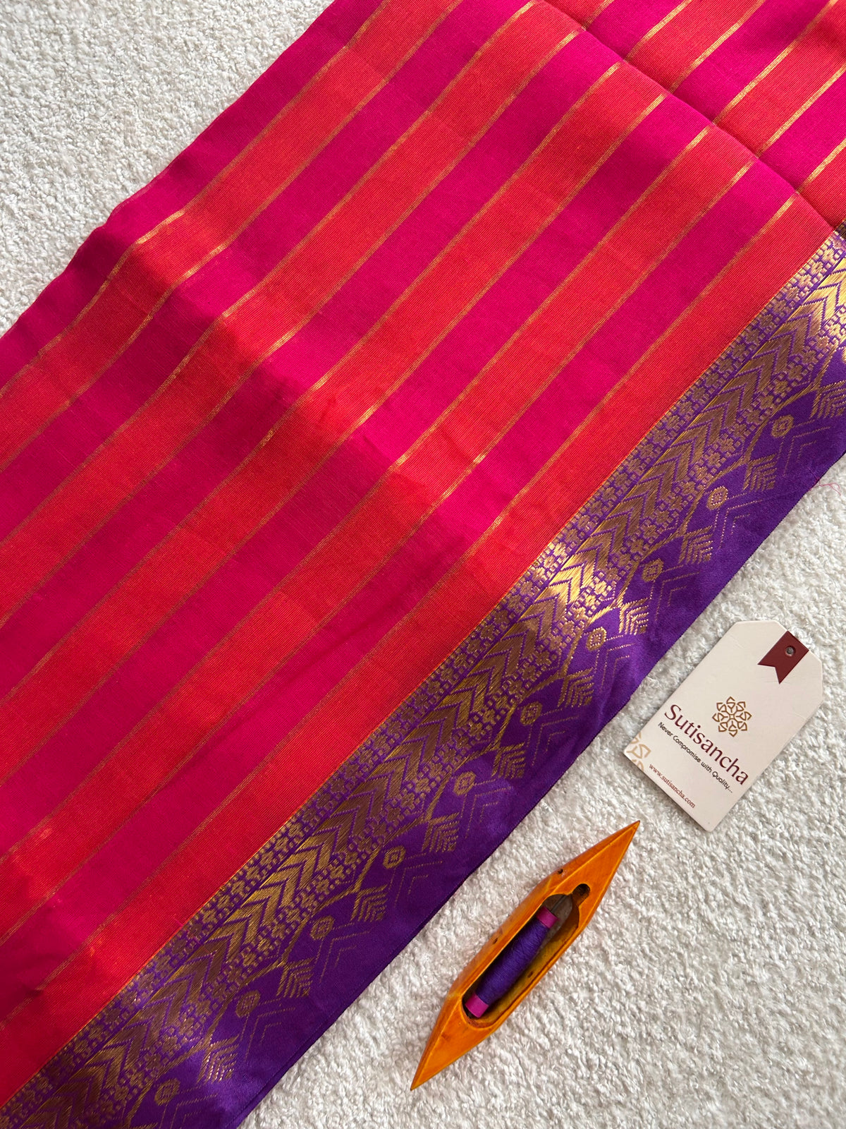Rani Pink Golden Zari Stripe Heritage Border Pure Mul Cotton Saree
