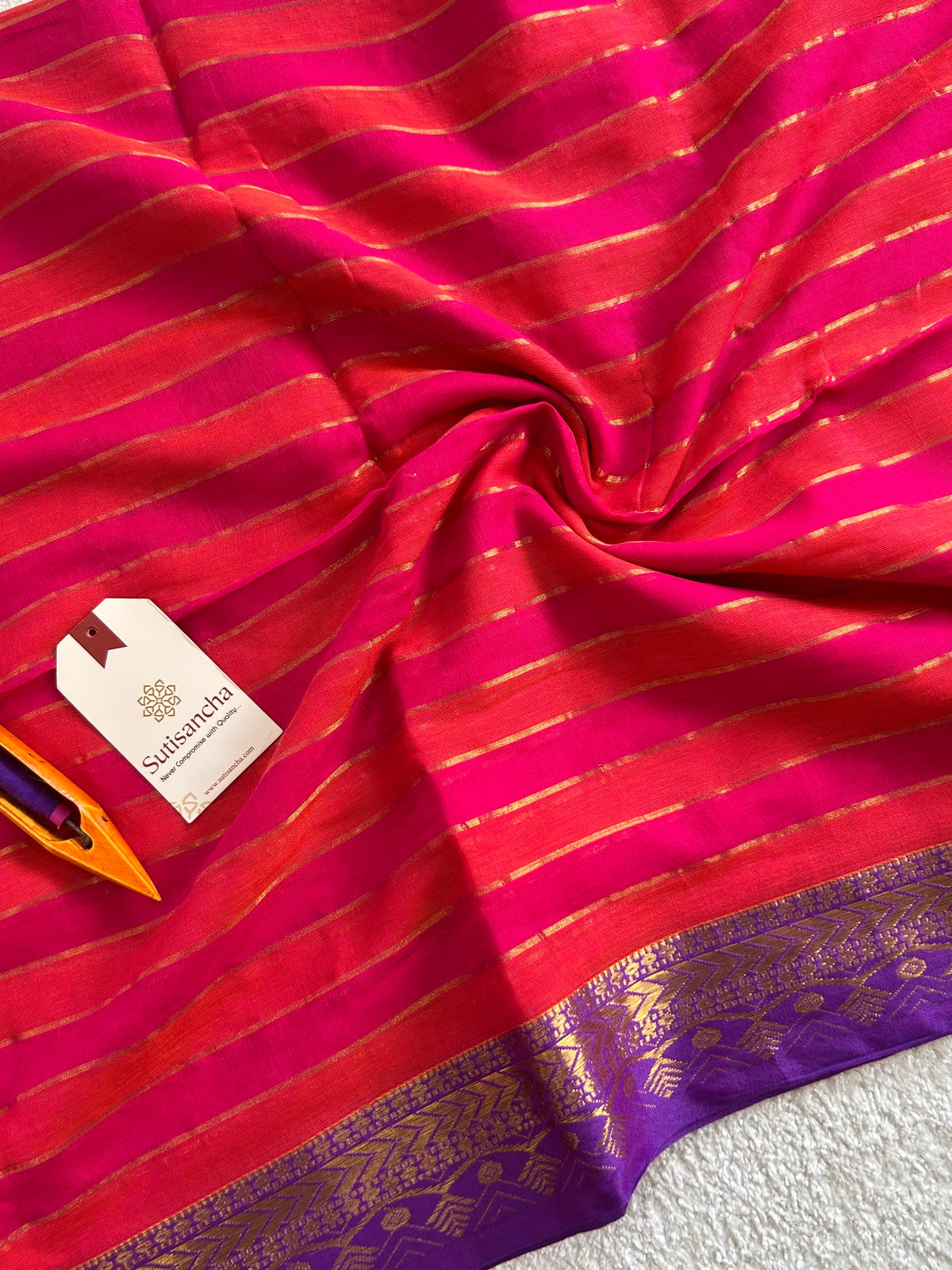 Rani Pink Golden Zari Stripe Heritage Border Pure Mul Cotton Saree