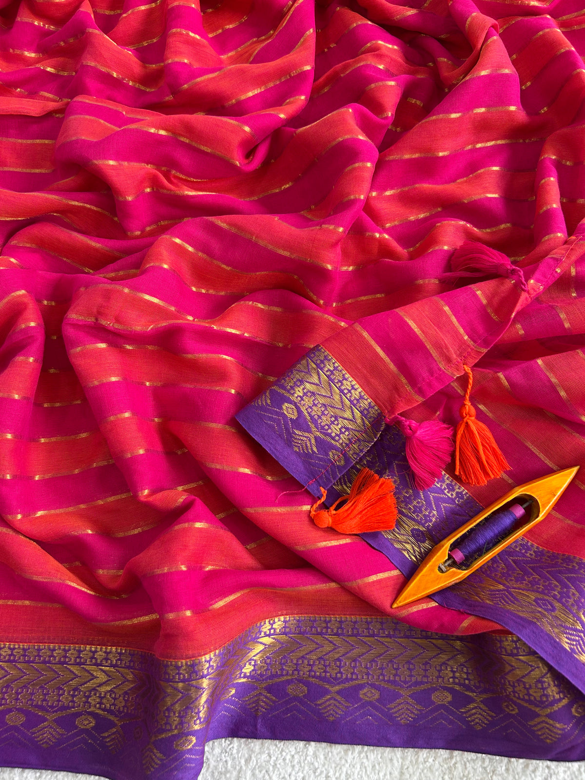 Rani Pink Golden Zari Stripe Heritage Border Pure Mul Cotton Saree