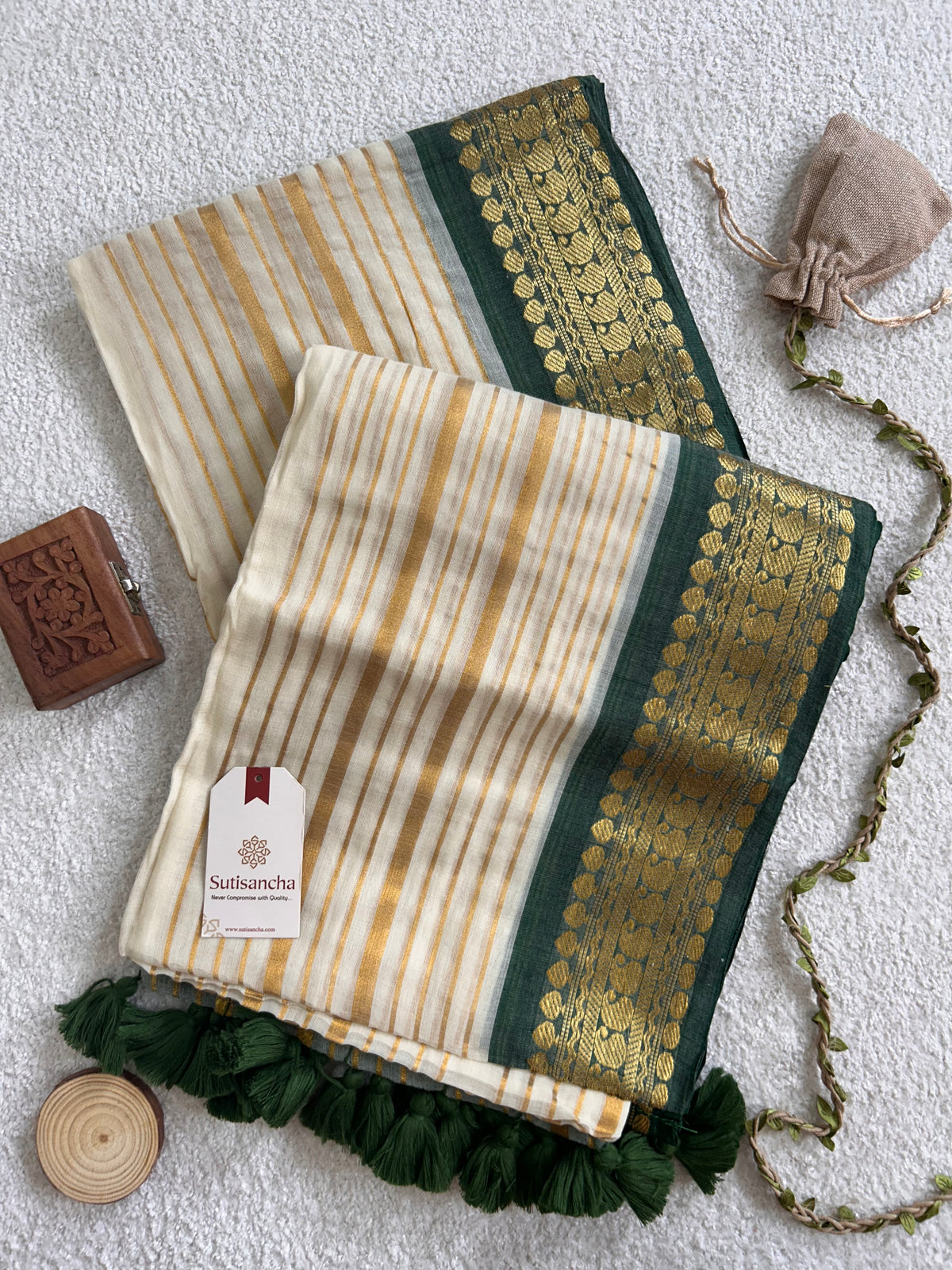 Cream Golden Zari Stripe Green Border Pure Mul Cotton Saree
