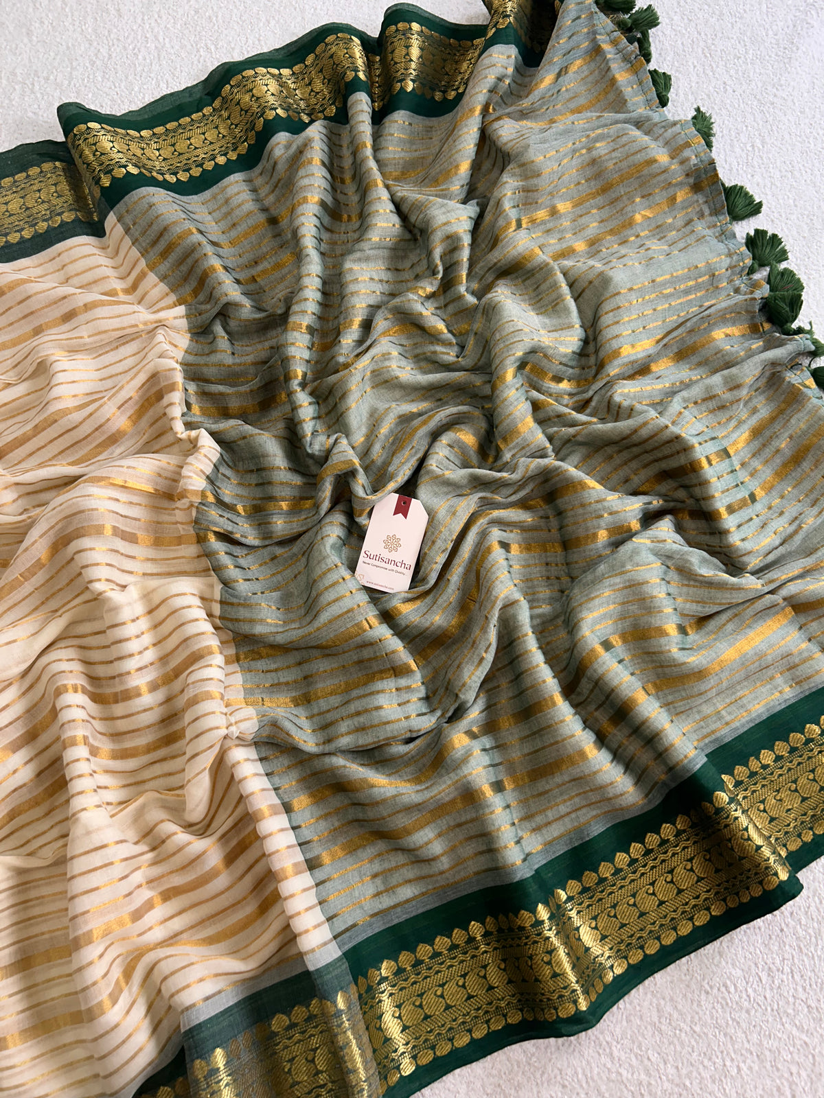 Cream Golden Zari Stripe Green Border Pure Mul Cotton Saree