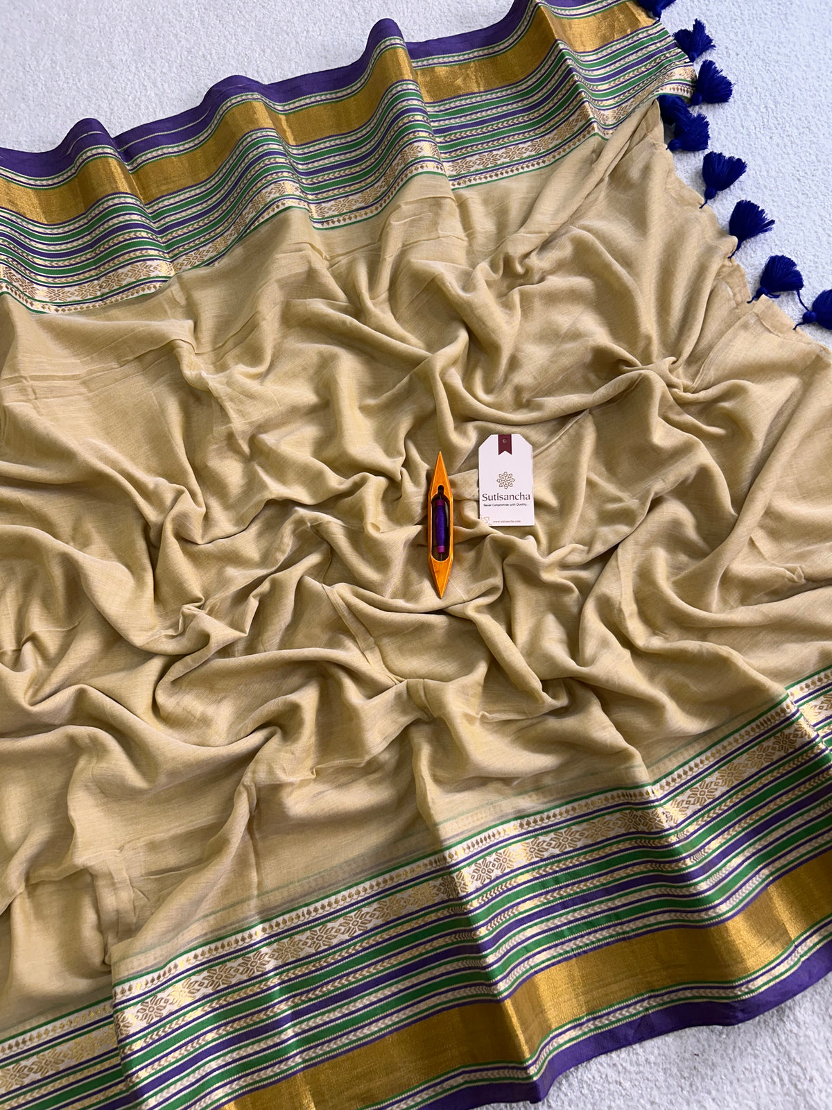 Beige Pure Mul Cotton Saree with Regal Zari Border