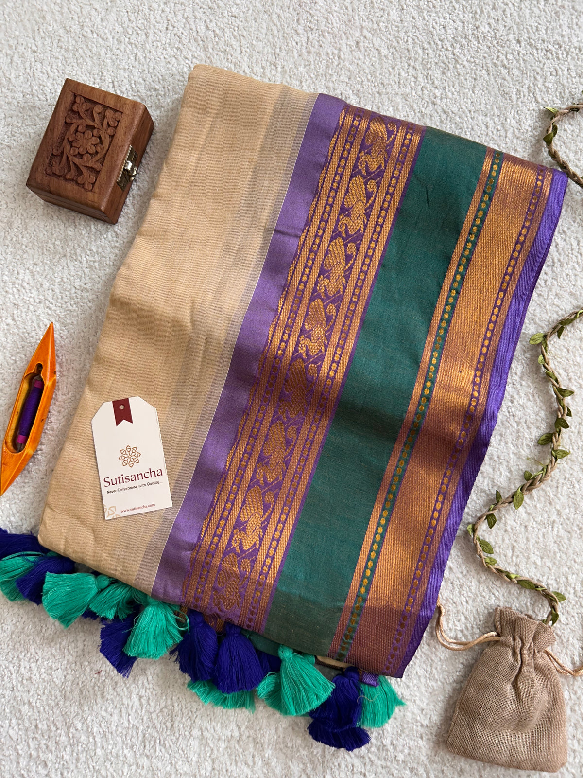 Beige Pure Mul Cotton Saree with Golden Zari Floral Border