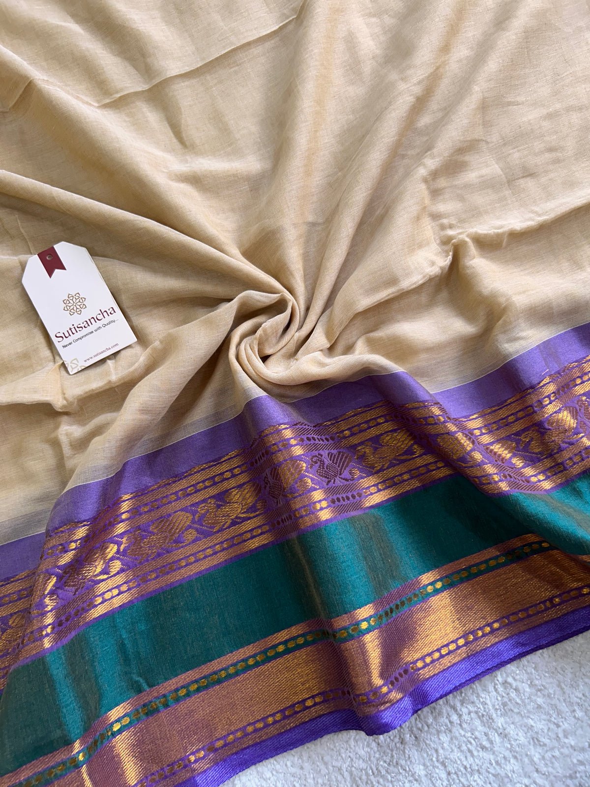 Beige Pure Mul Cotton Saree with Golden Zari Floral Border