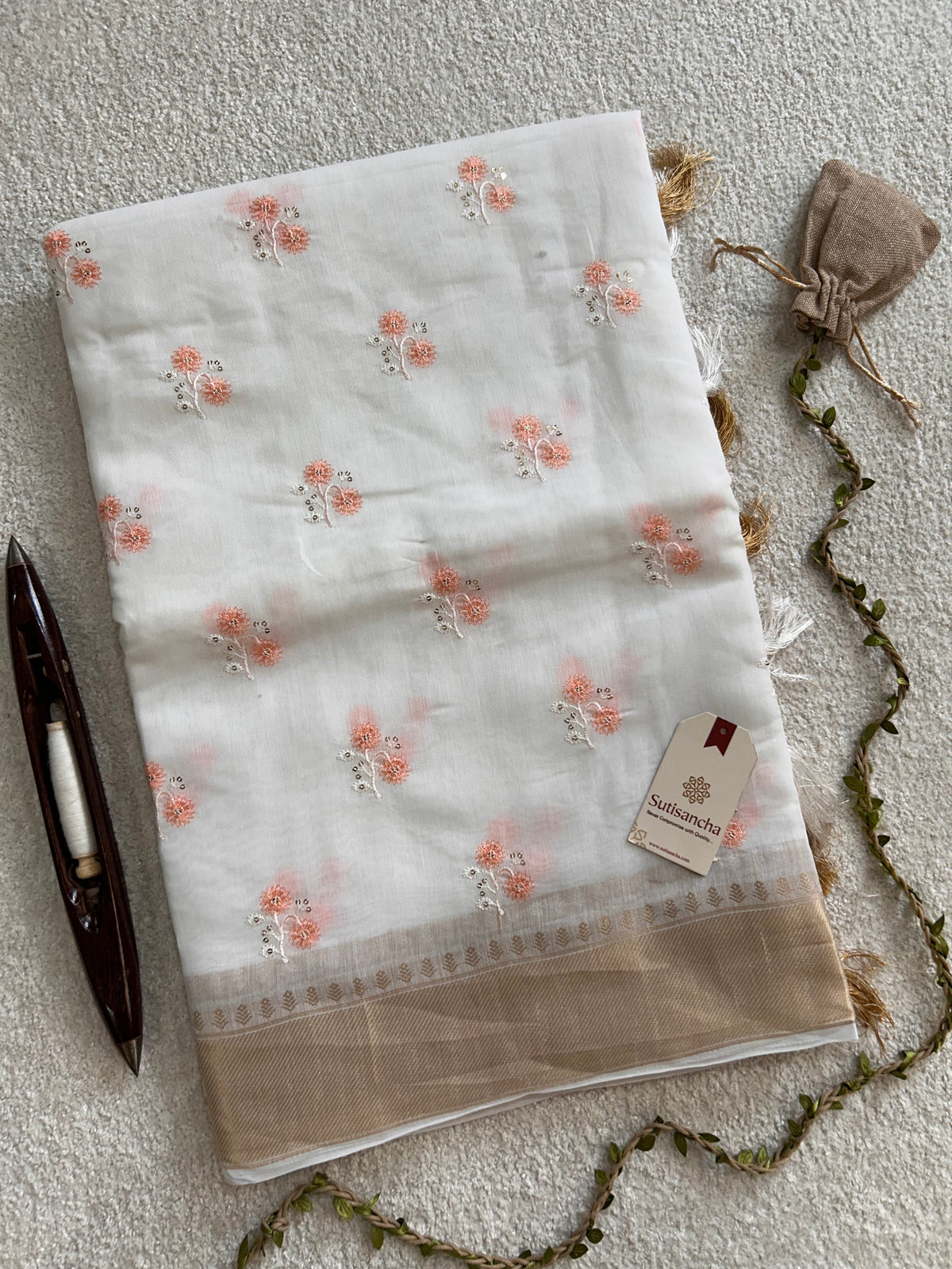 White Floral Thread Work Pure Cotton Saree