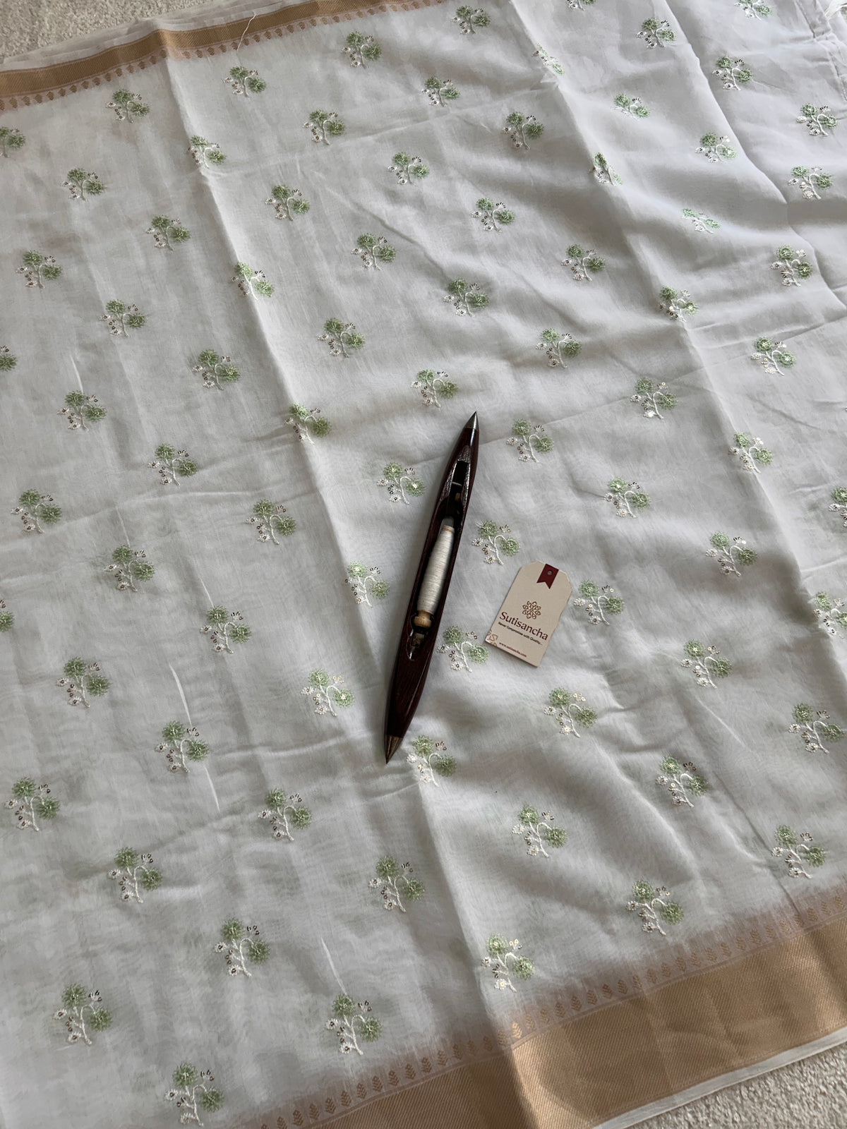 White Floral Thread Work Pure Cotton Saree