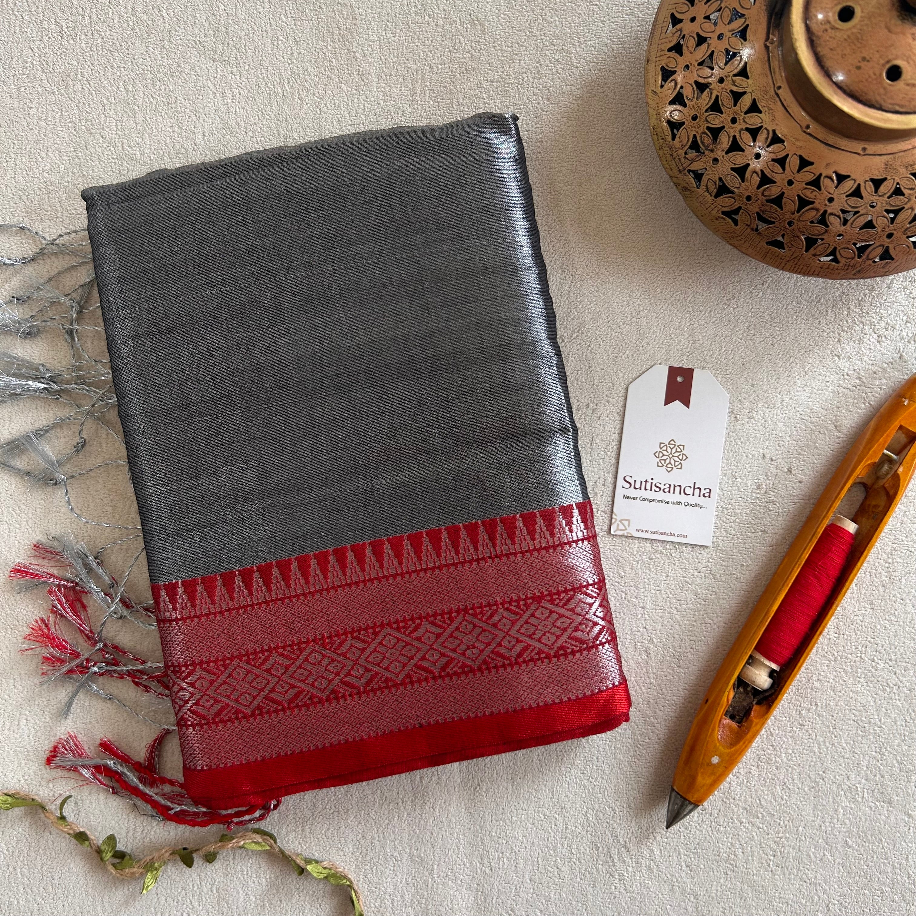 Traditional Tissue Saree with Rich Red Border