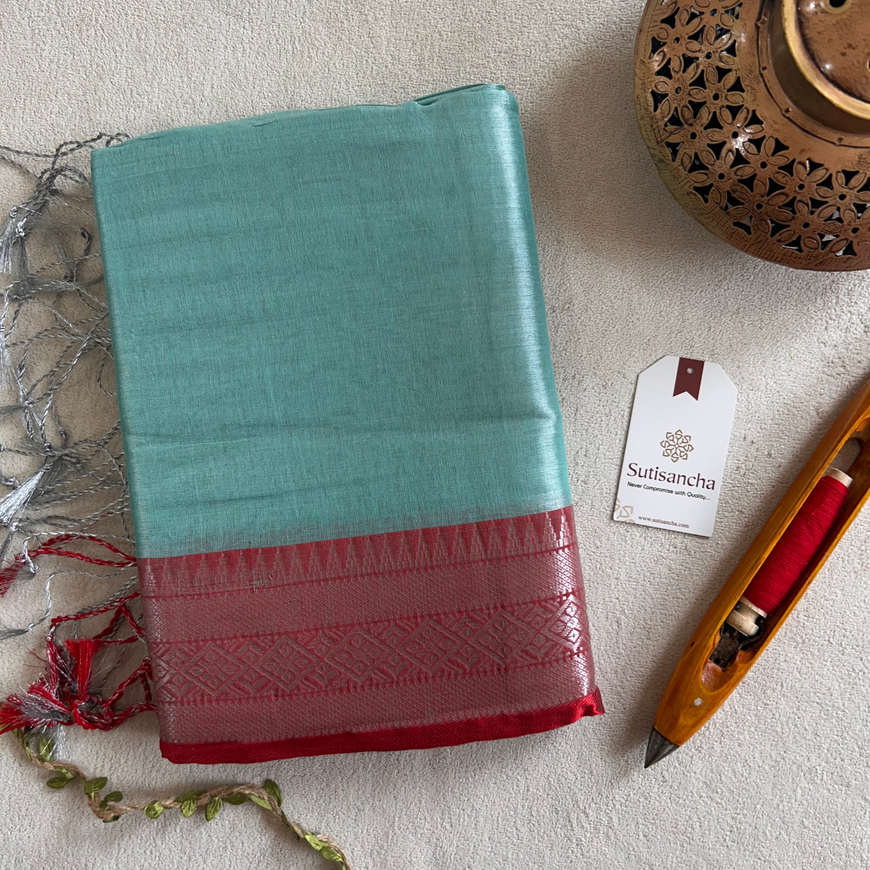 Traditional Tissue Saree with Rich Red Border