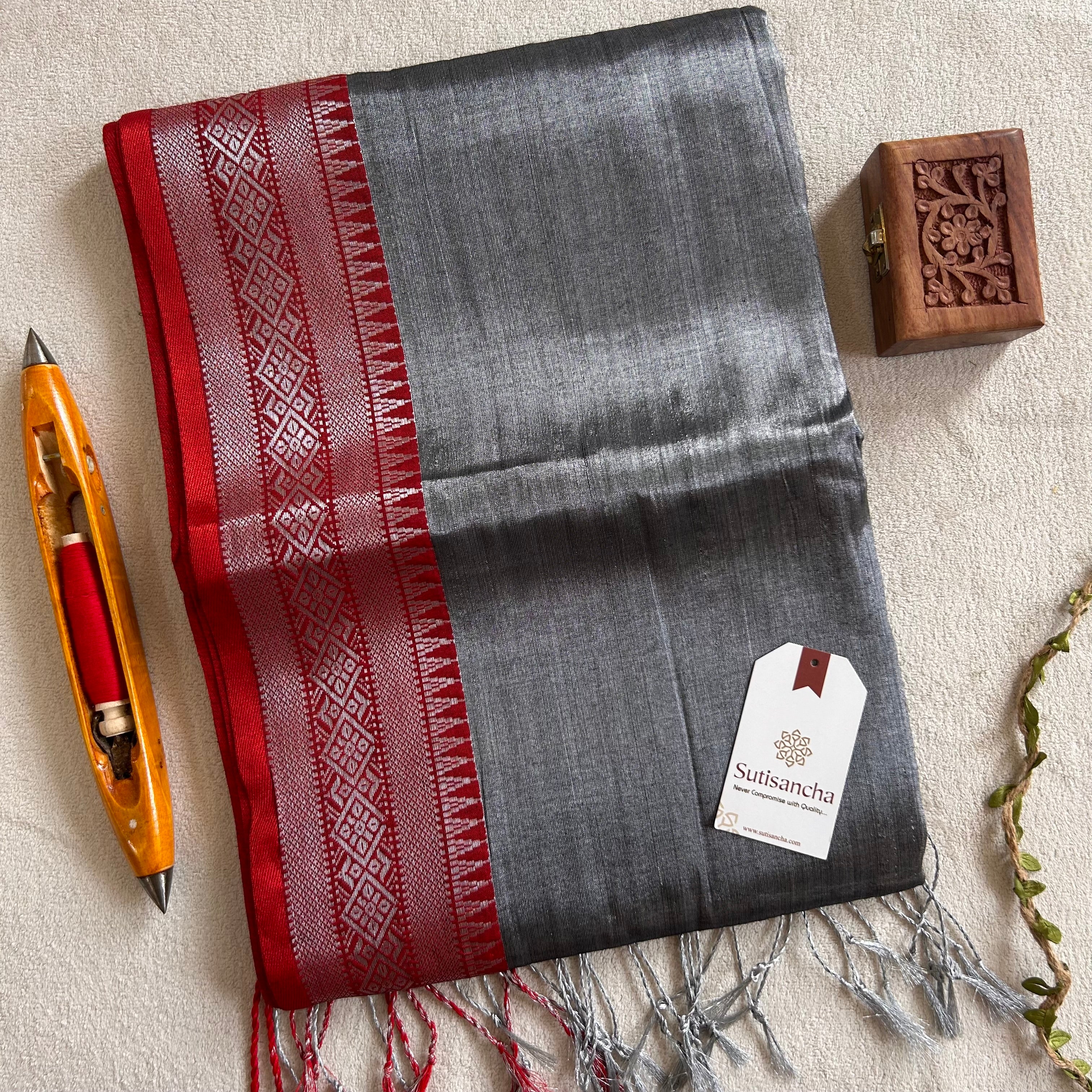 Traditional Tissue Saree with Rich Red Border