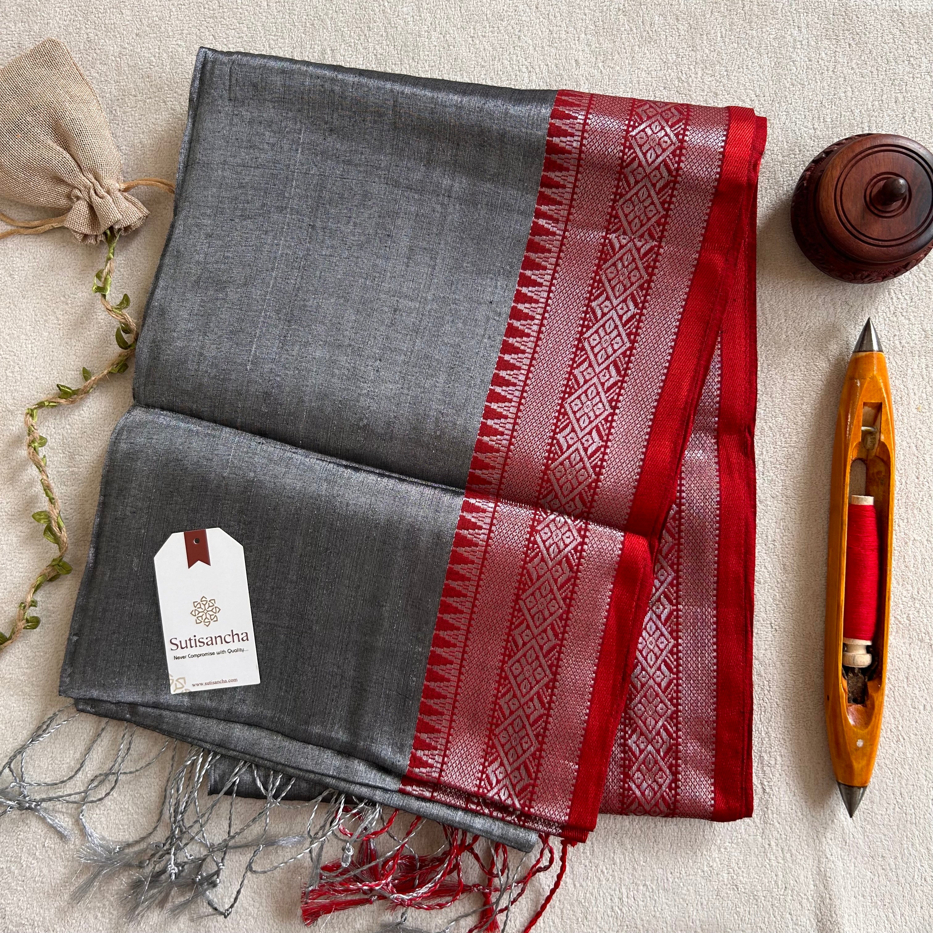 Traditional Tissue Saree with Rich Red Border