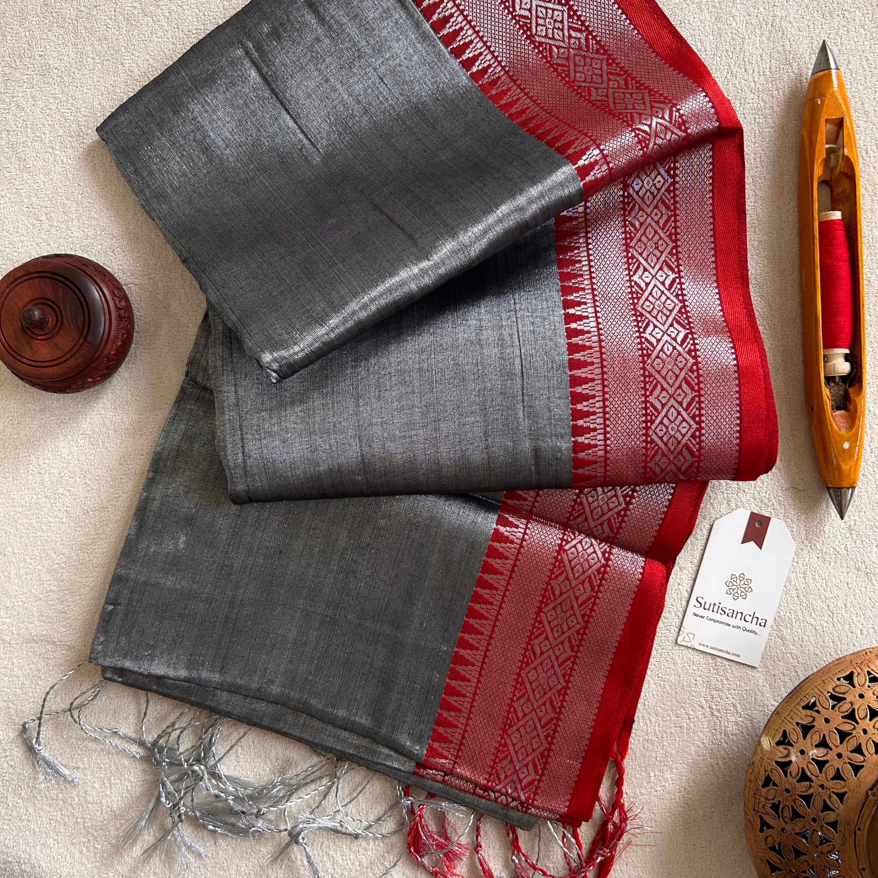Traditional Tissue Saree with Rich Red Border