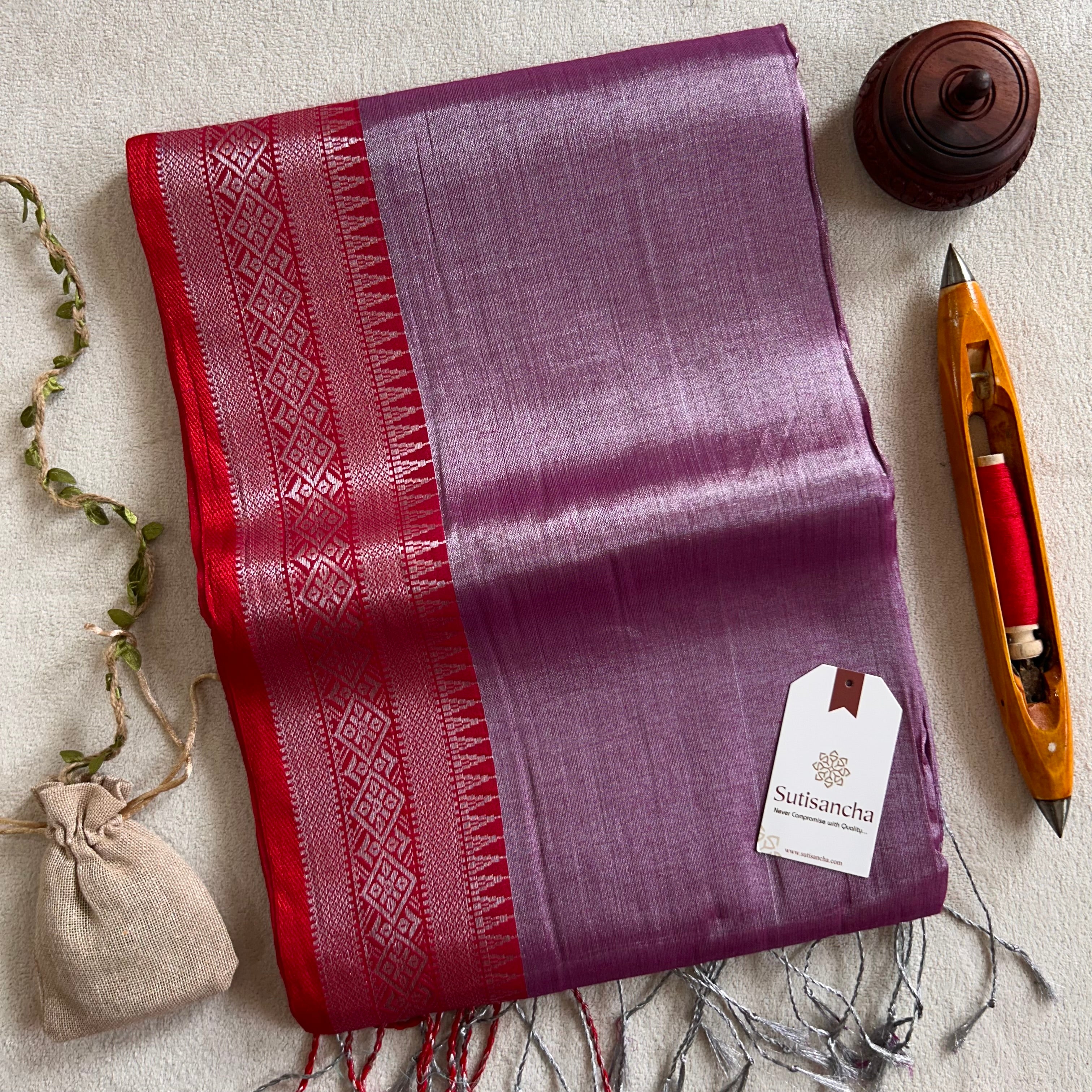 Traditional Tissue Saree with Rich Red Border