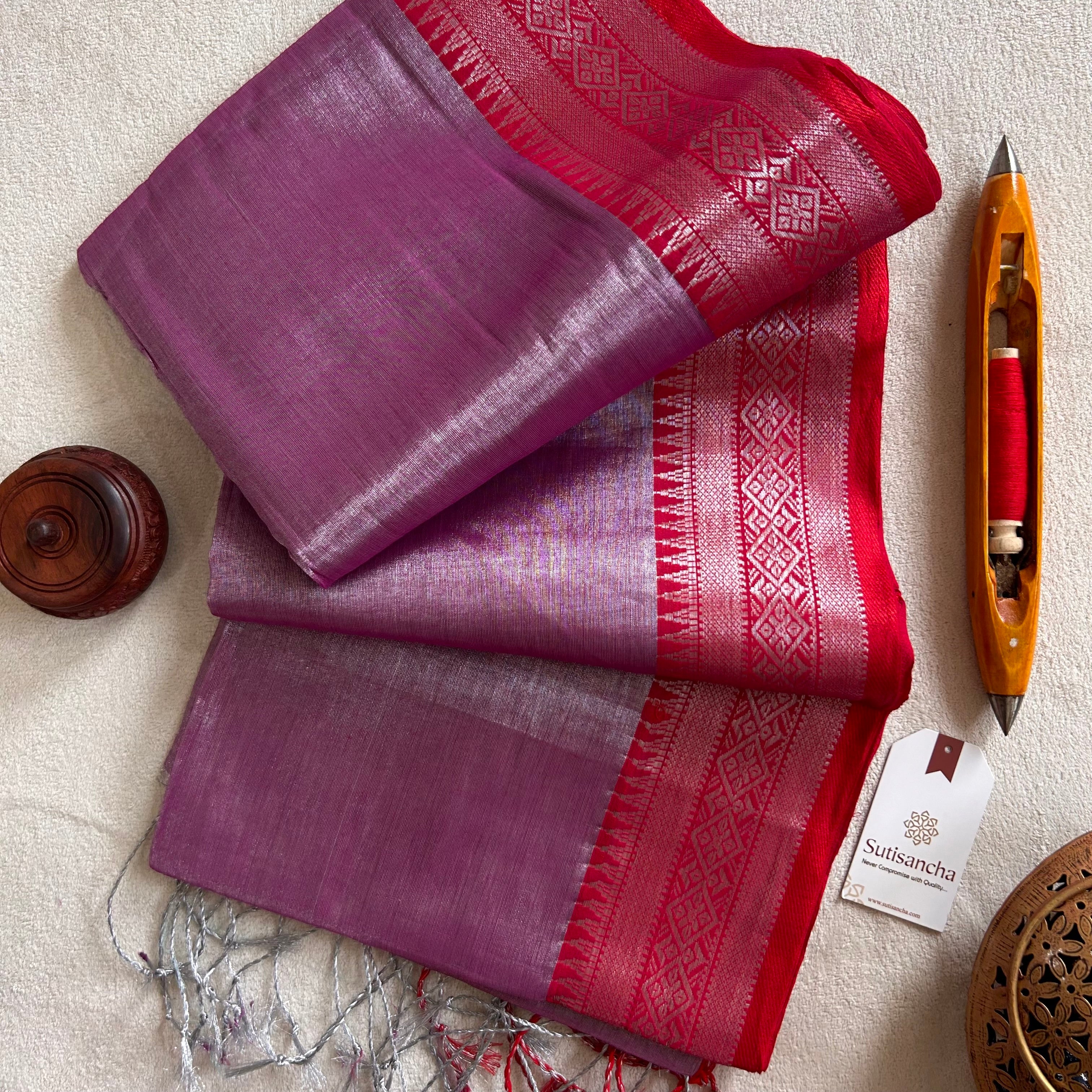 Traditional Tissue Saree with Rich Red Border