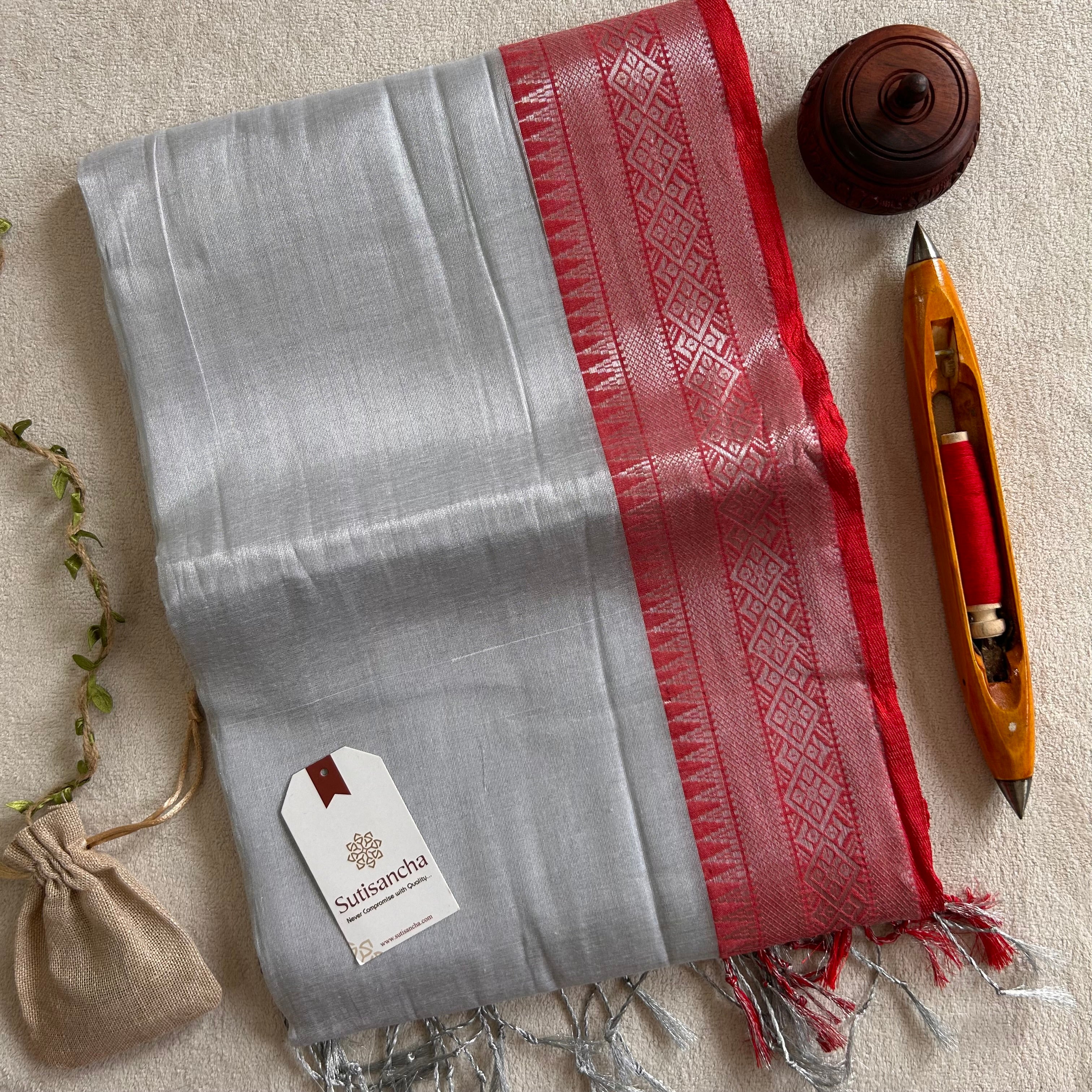 Traditional Tissue Saree with Rich Red Border