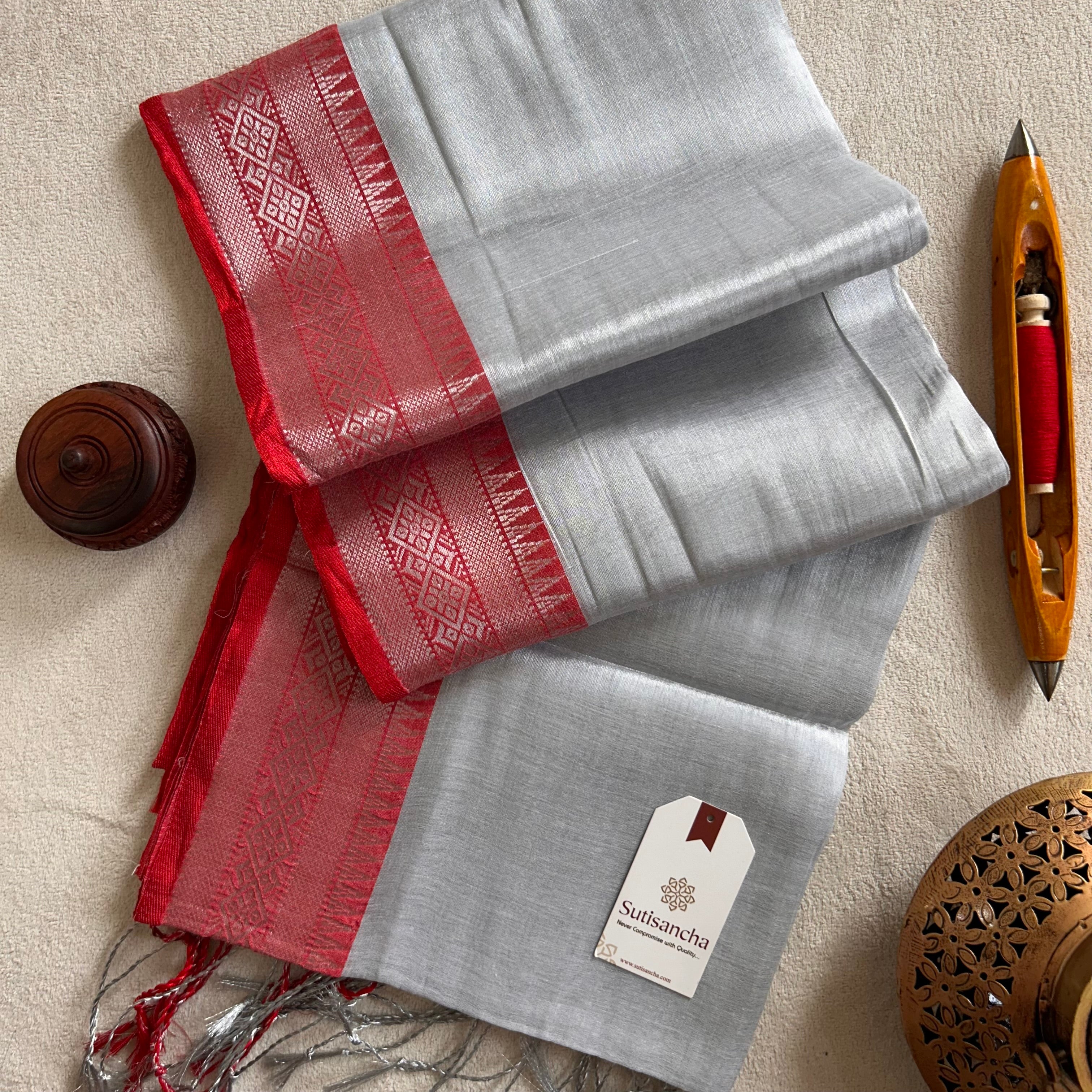 Traditional Tissue Saree with Rich Red Border