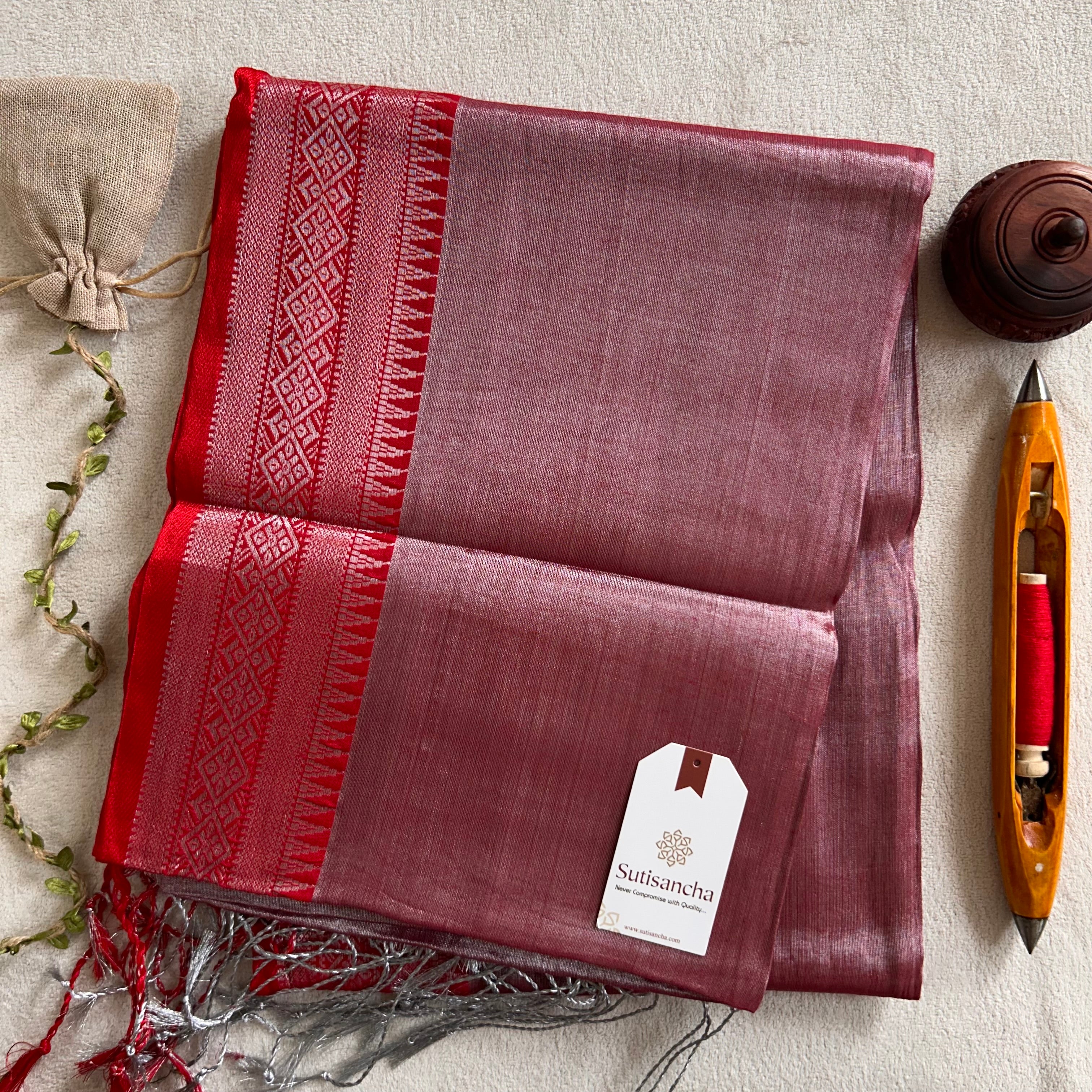 Traditional Tissue Saree with Rich Red Border