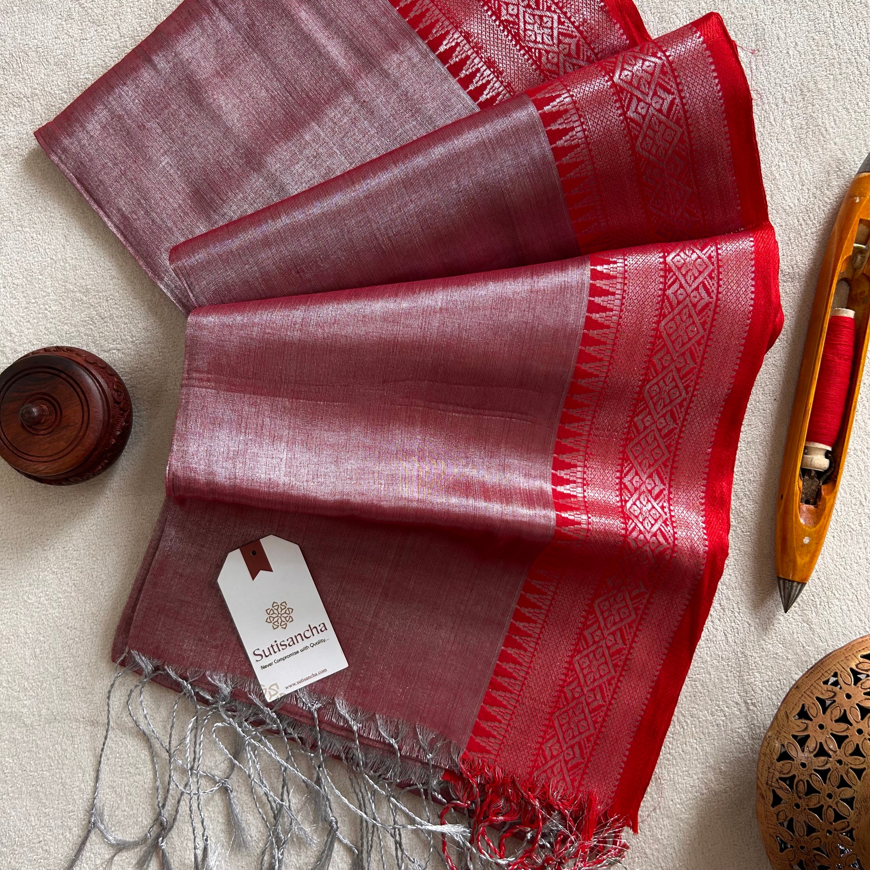 Traditional Tissue Saree with Rich Red Border