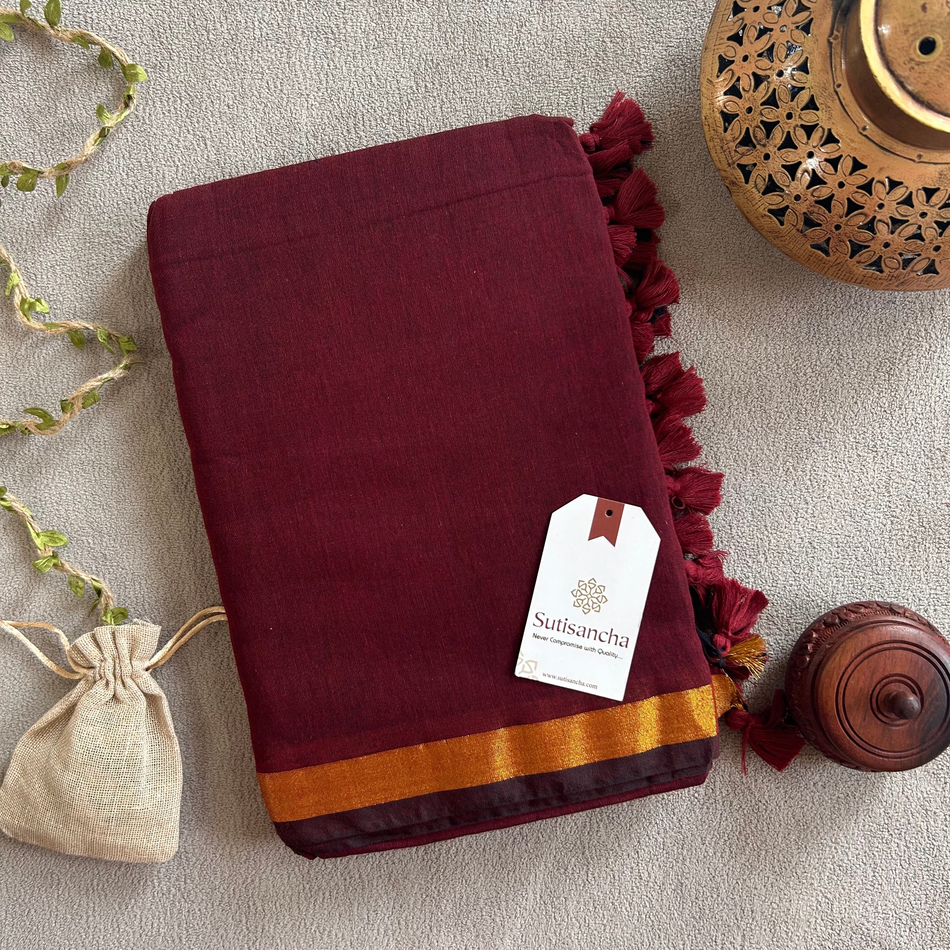 Traditional Maroon Cotton Saree with Golden Zari Edging