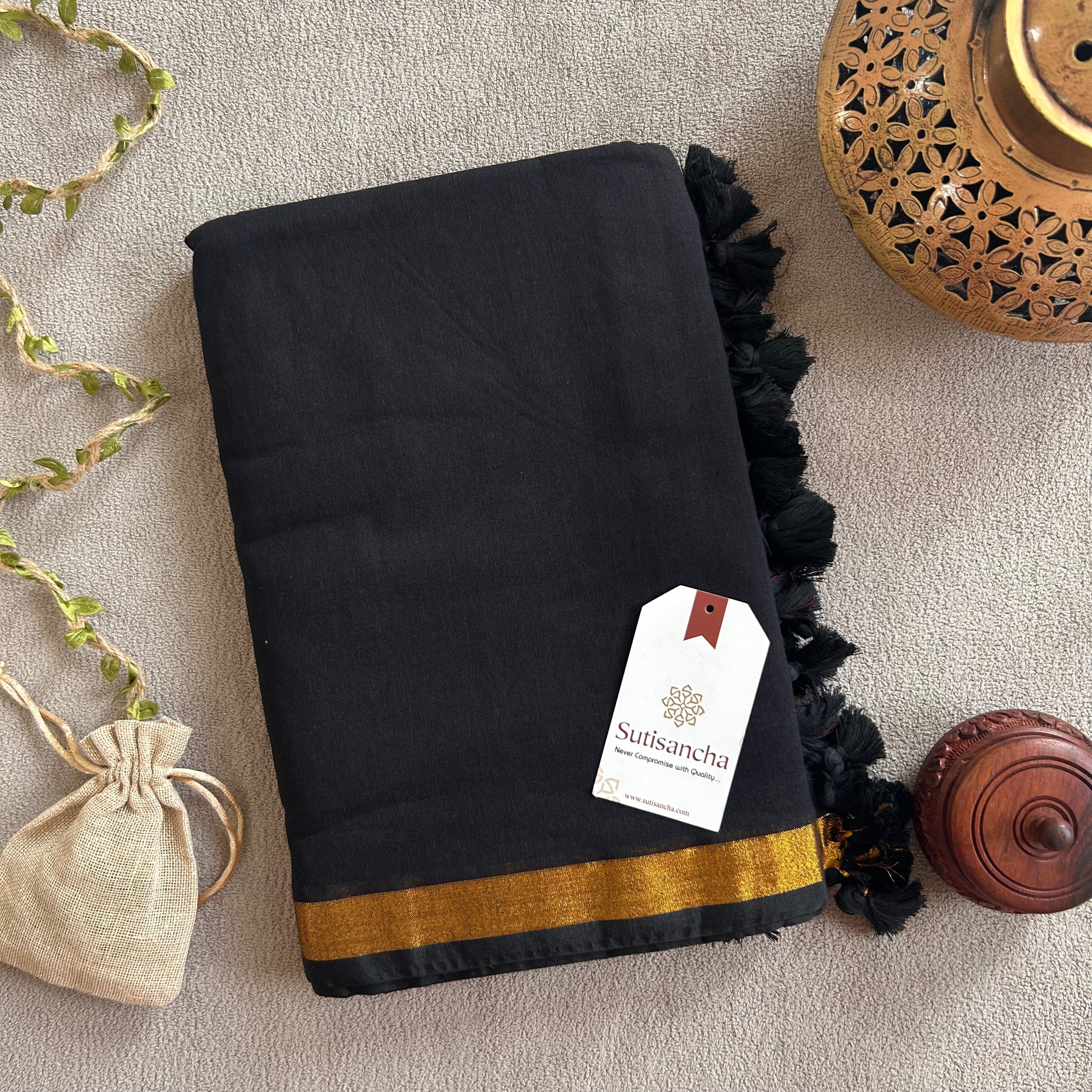 Traditional Black Cotton Saree with Golden Zari Edging