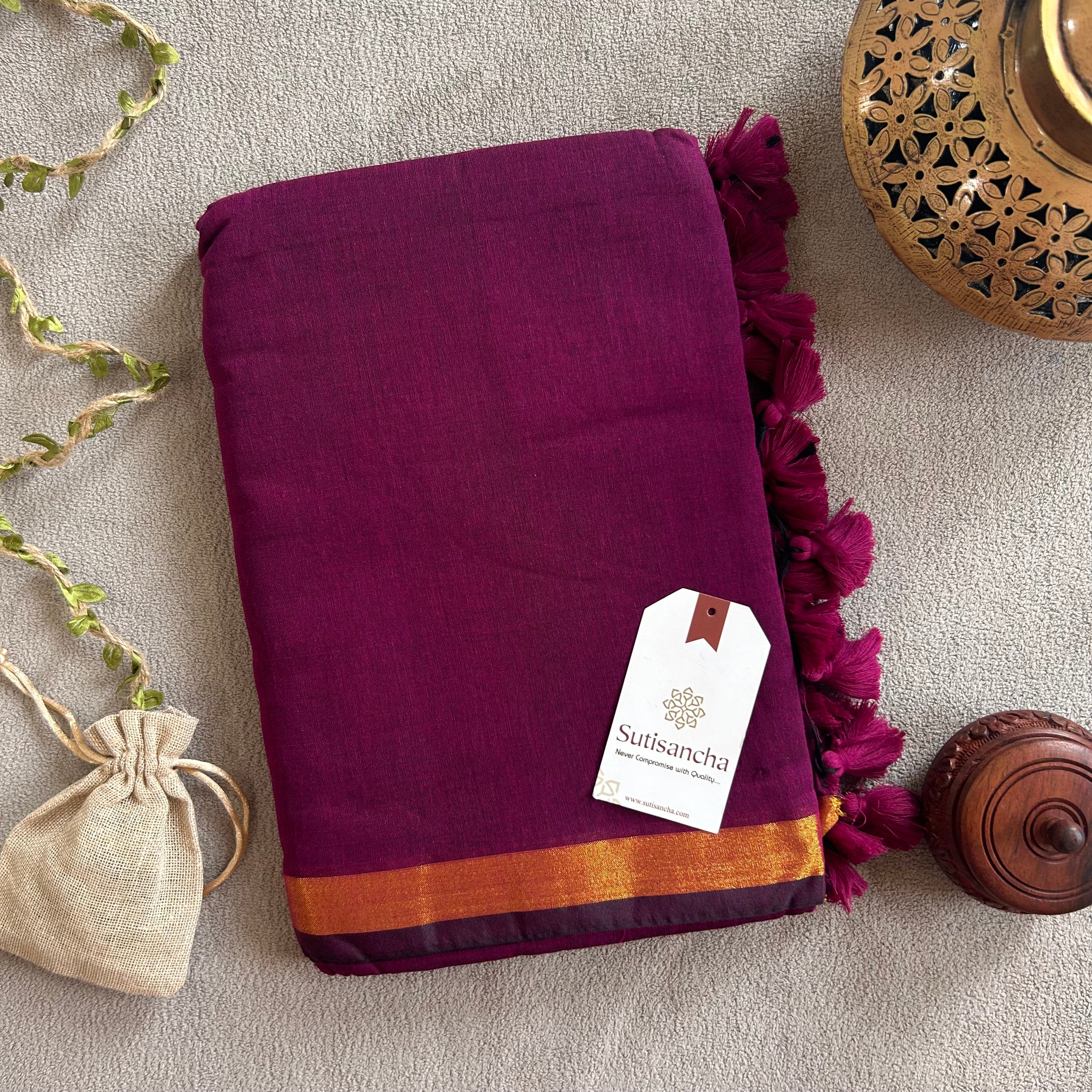 Traditional Magenta Cotton Saree with Golden Zari Edging