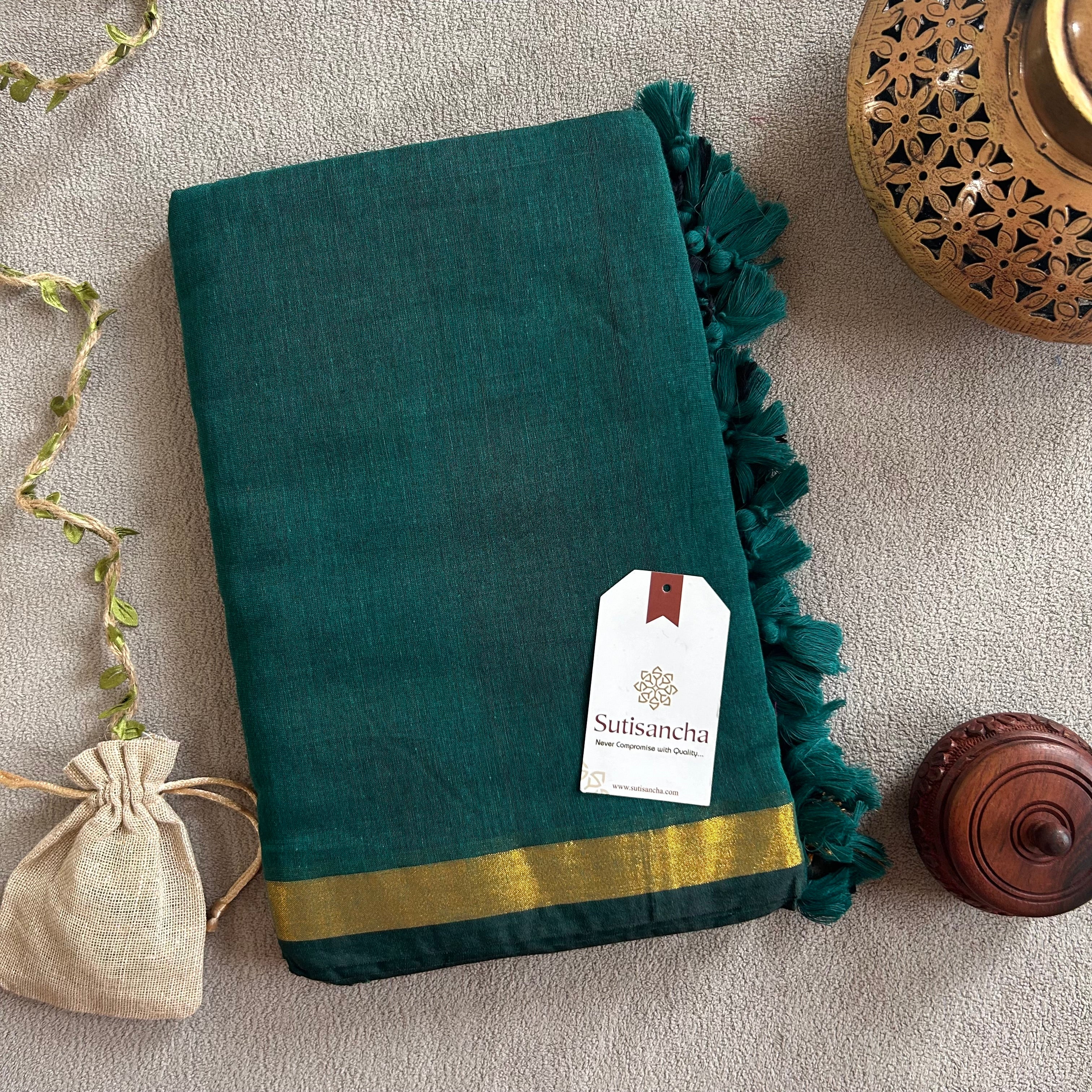 Traditional Rama Cotton Saree with Golden Zari Edging