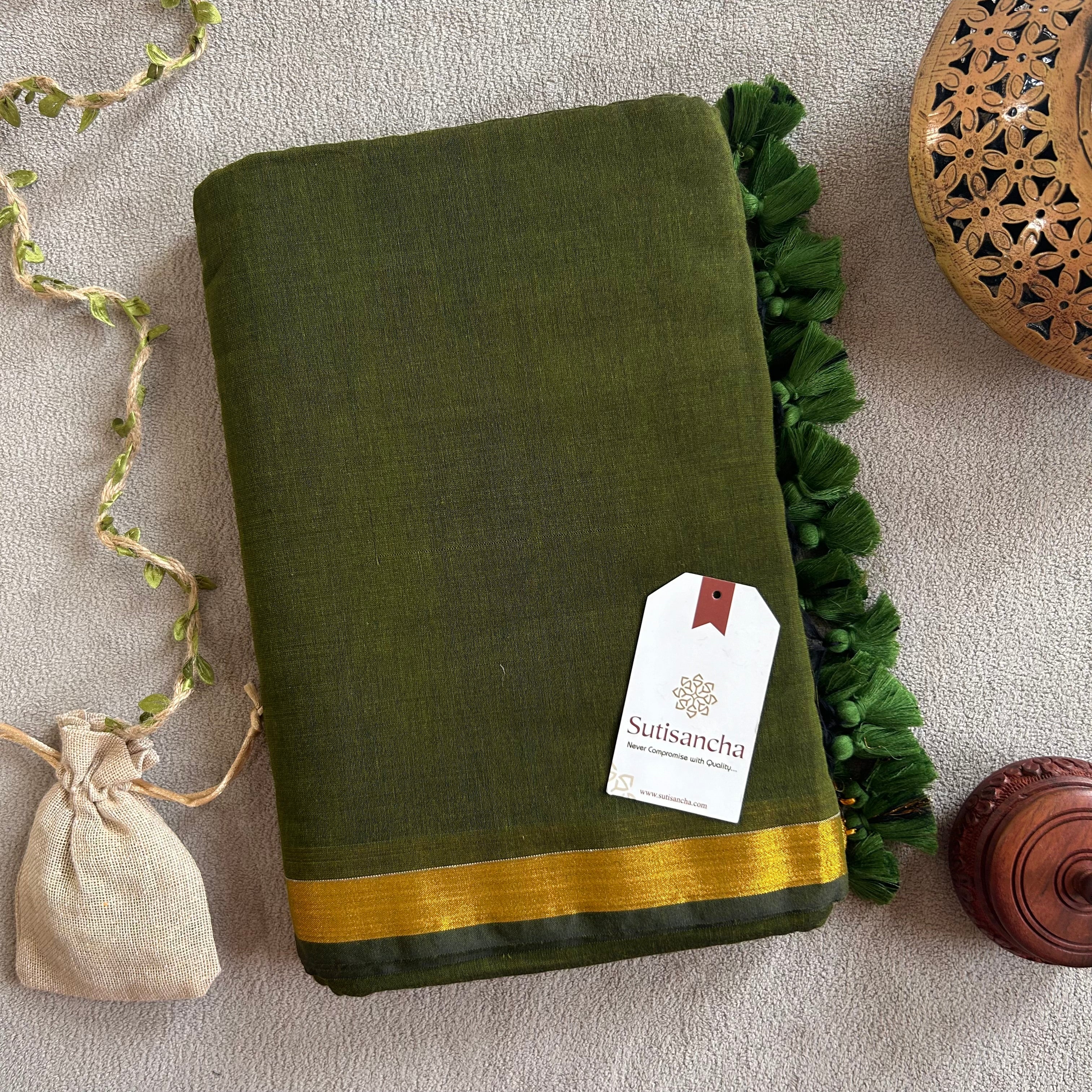 Traditional Mehndi Cotton Saree with Golden Zari Edging