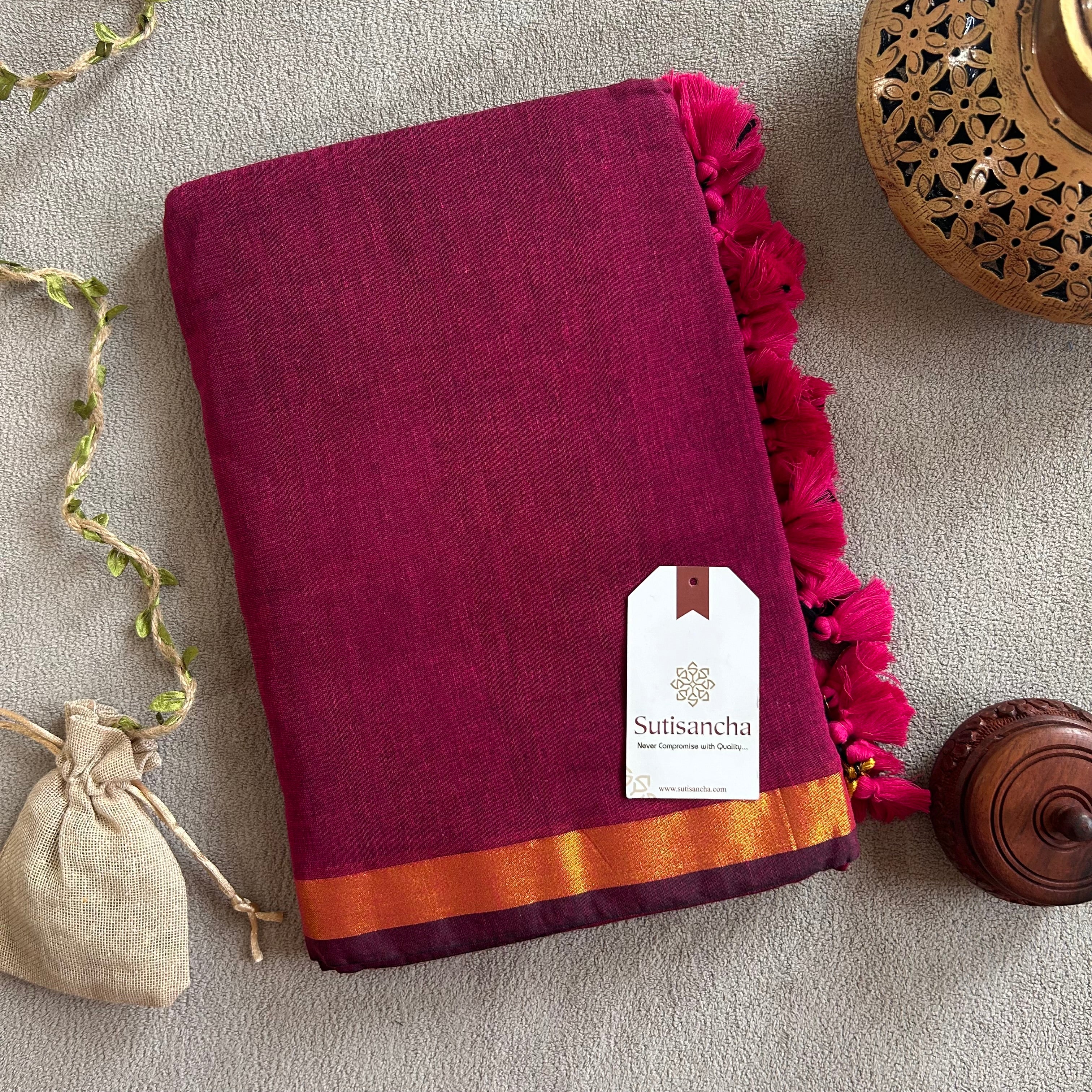 Traditional Pink Cotton Saree with Golden Zari Edging