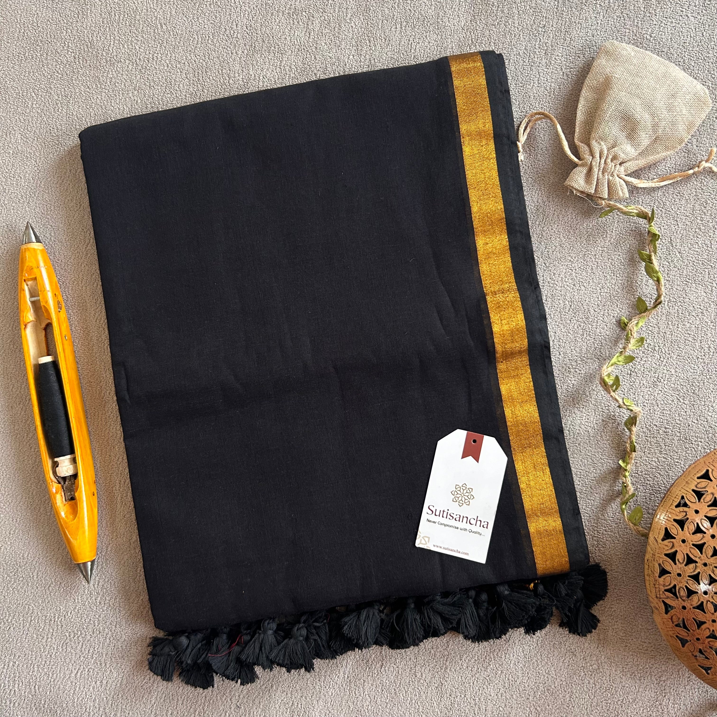 Traditional Black Cotton Saree with Golden Zari Edging