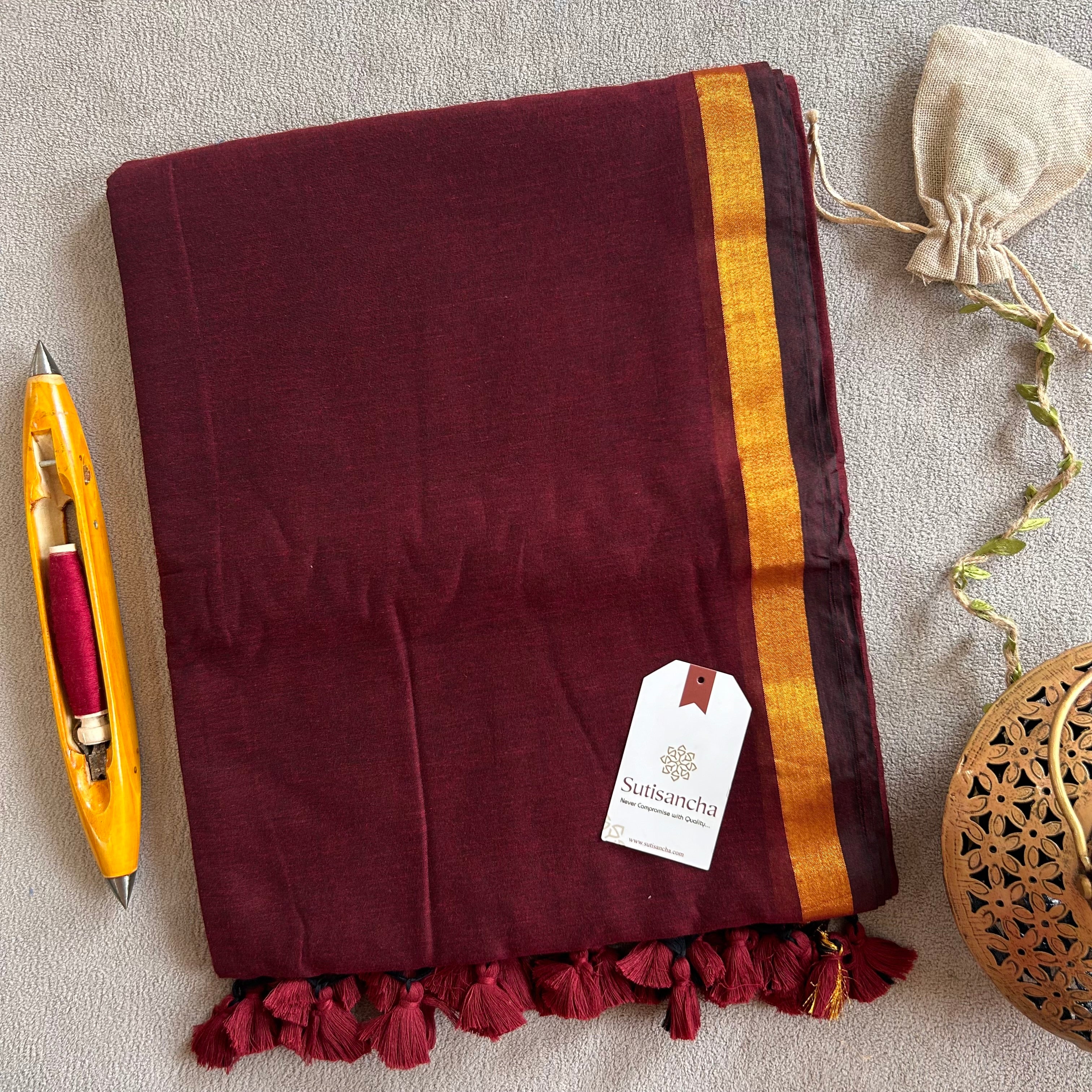 Traditional Maroon Cotton Saree with Golden Zari Edging