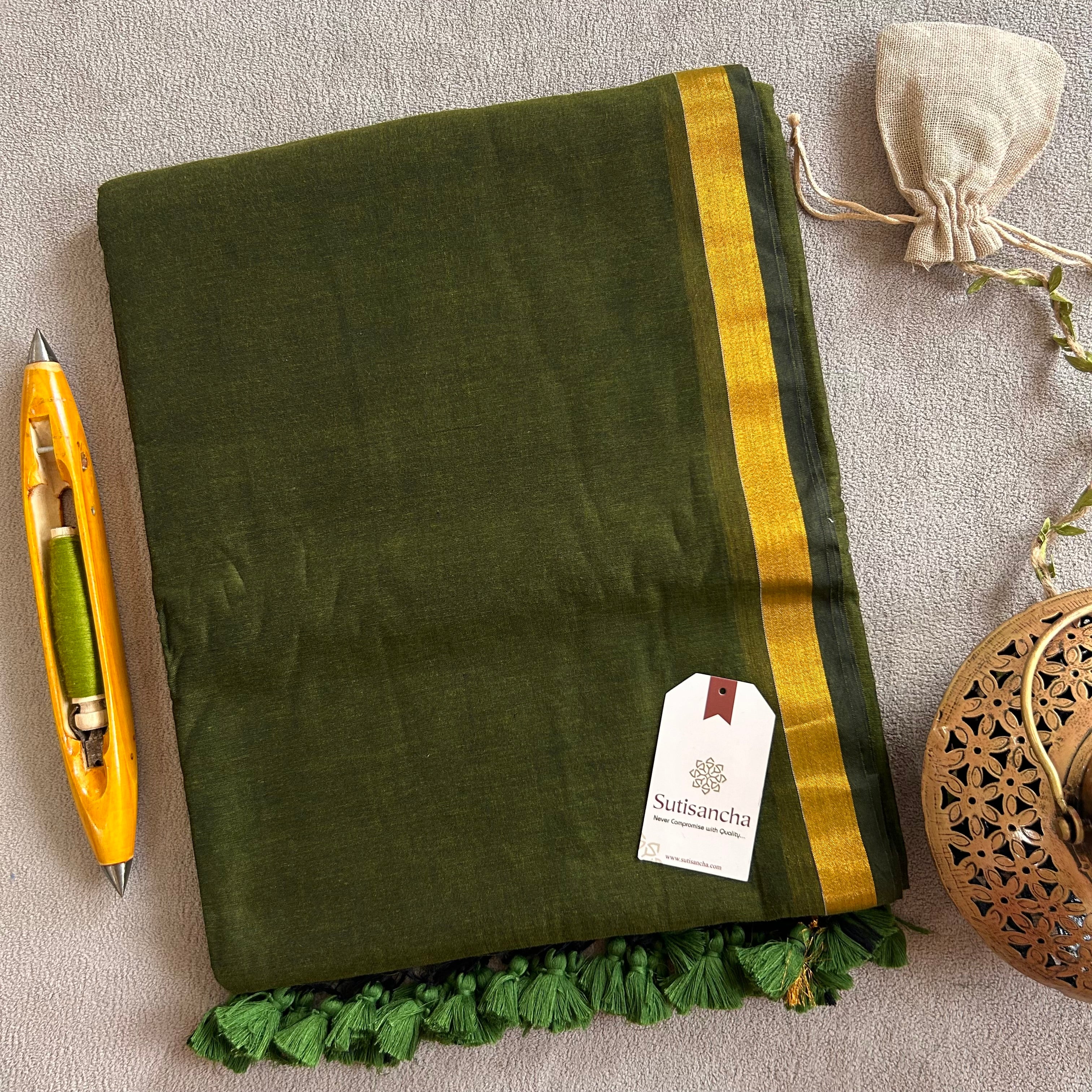 Traditional Mehndi Cotton Saree with Golden Zari Edging