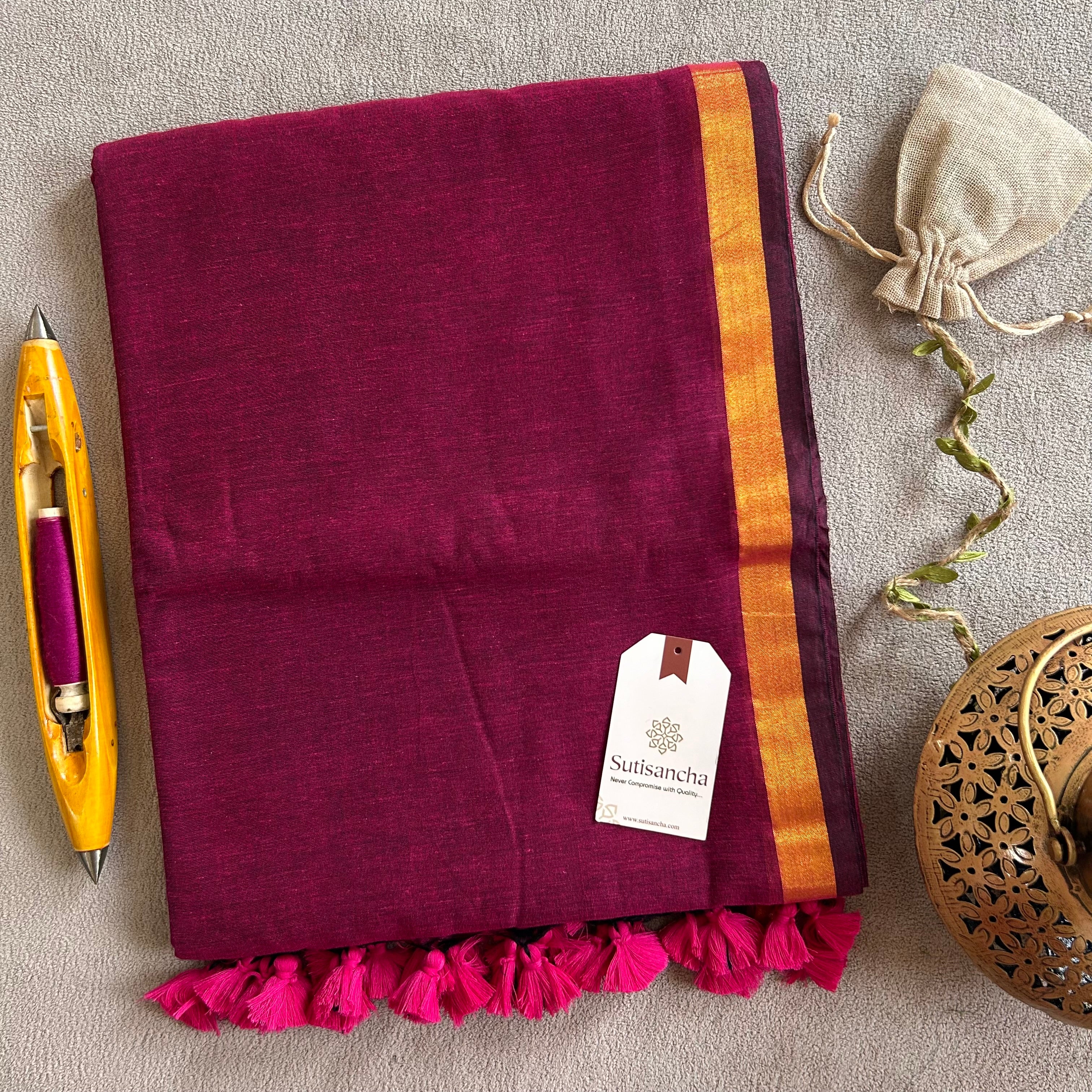 Traditional Pink Cotton Saree with Golden Zari Edging