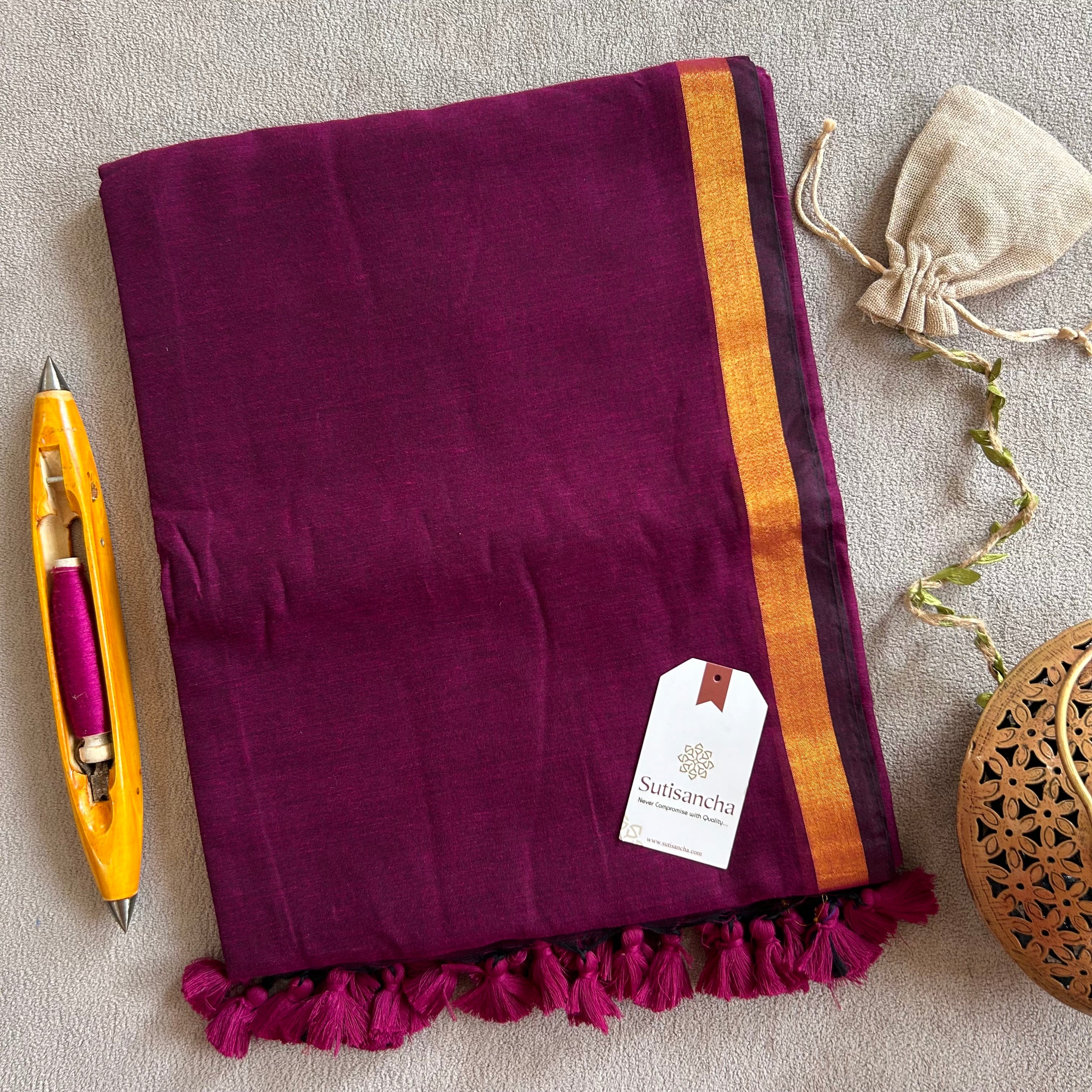 Traditional Magenta Cotton Saree with Golden Zari Edging