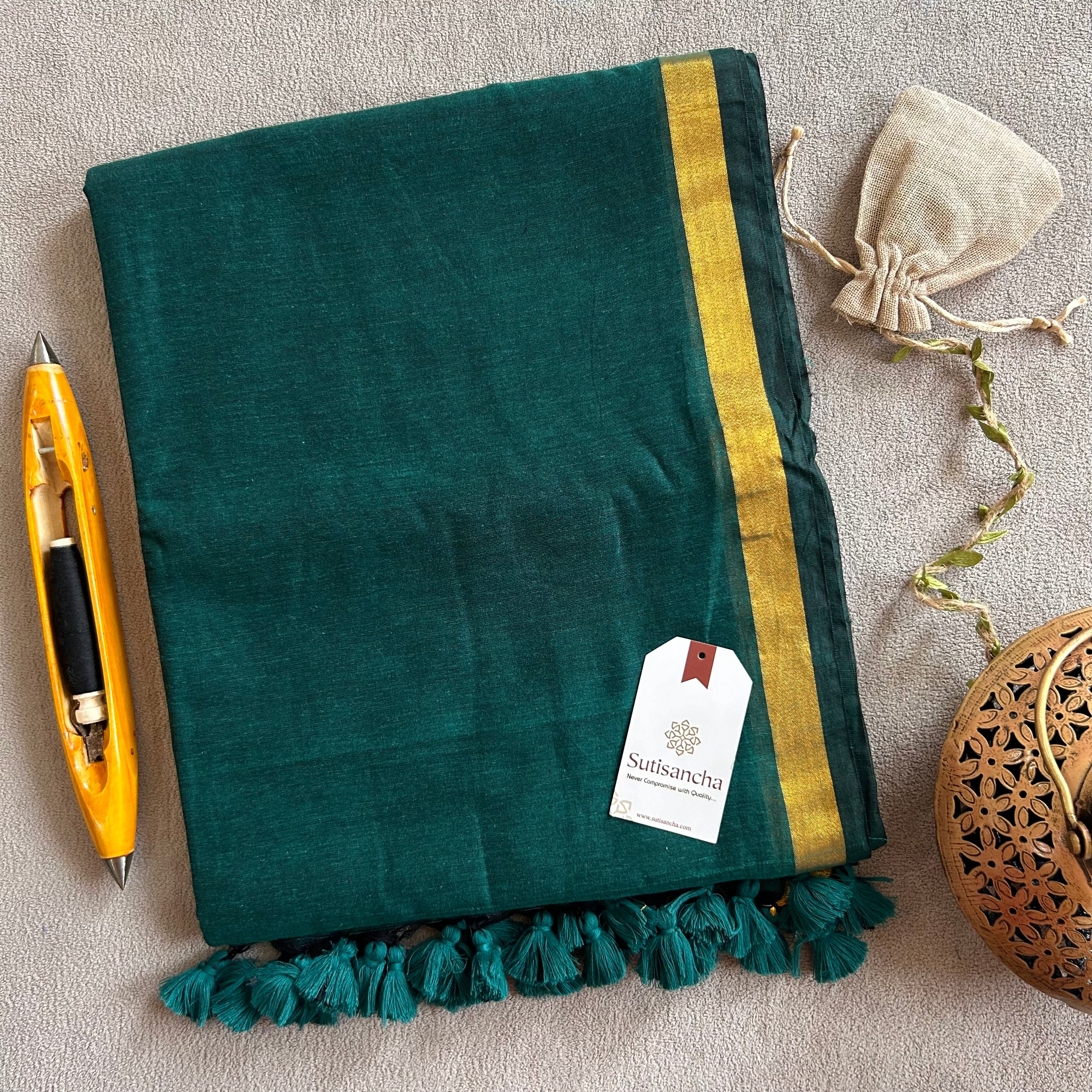 Traditional Rama Cotton Saree with Golden Zari Edging