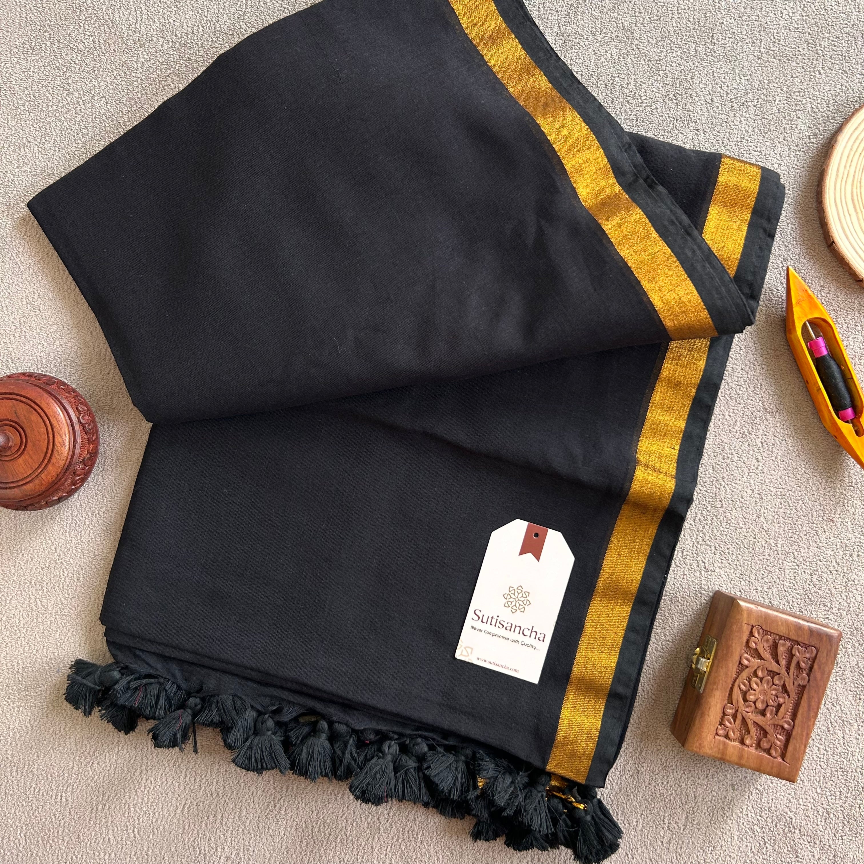 Traditional Black Cotton Saree with Golden Zari Edging