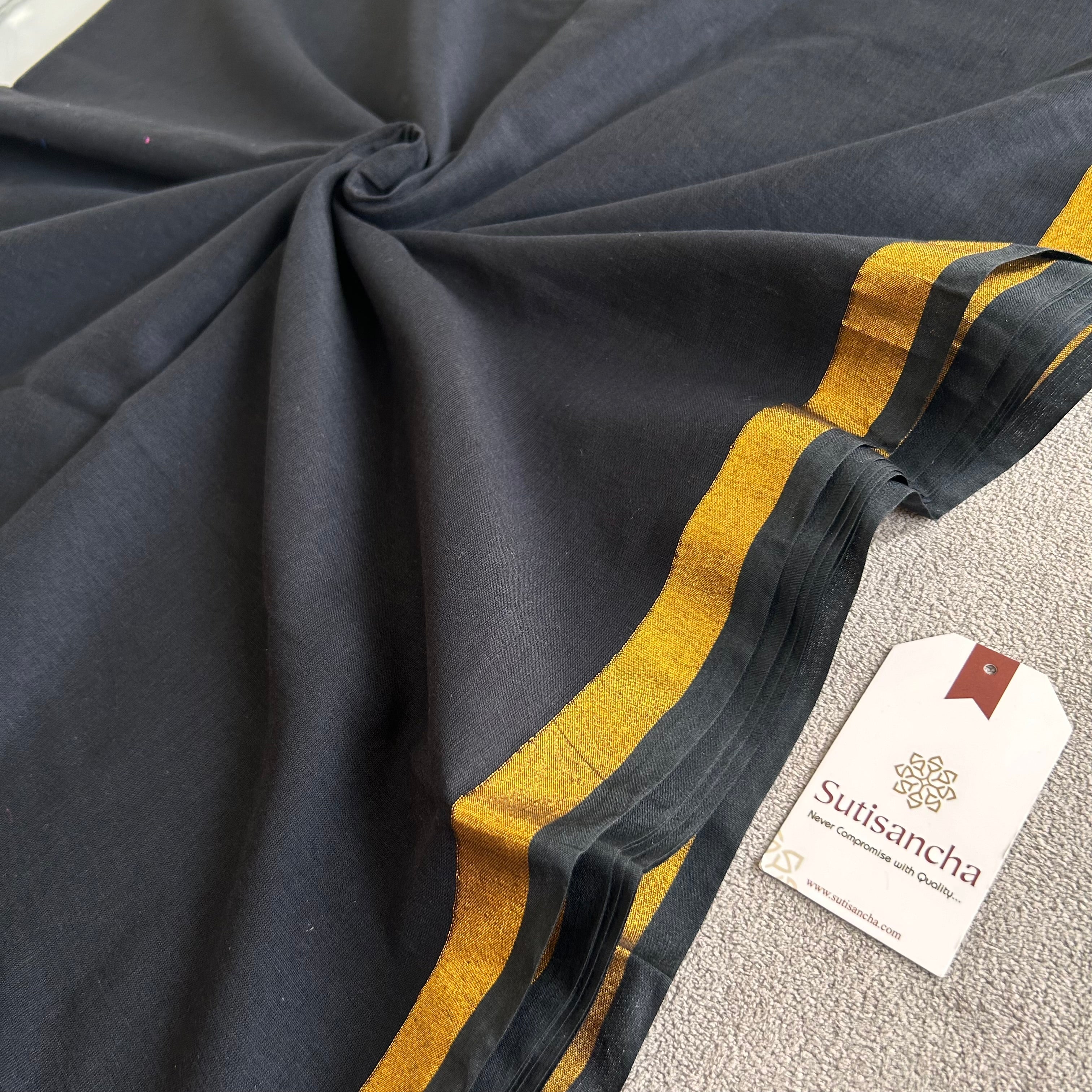 Traditional Black Cotton Saree with Golden Zari Edging