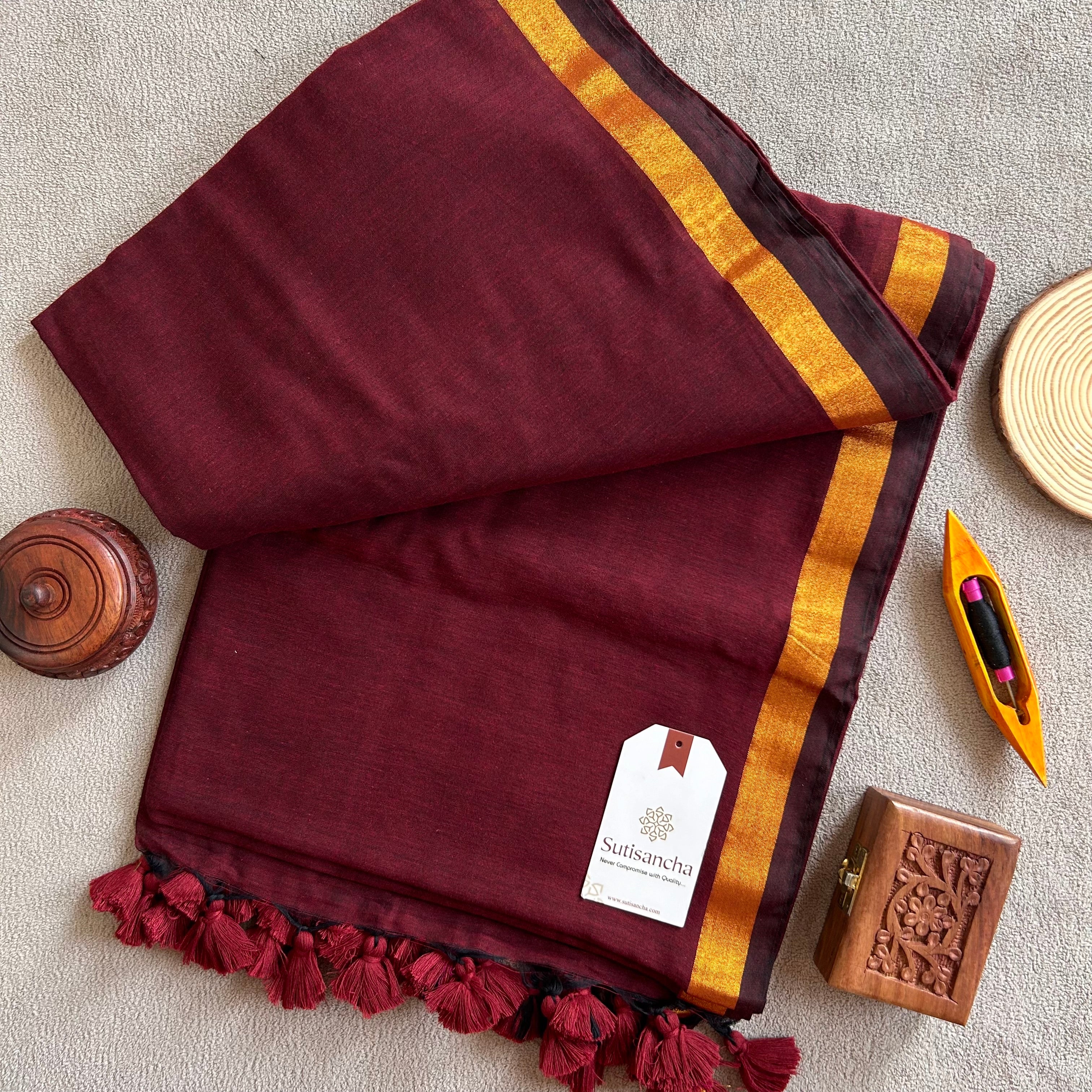 Traditional Maroon Cotton Saree with Golden Zari Edging