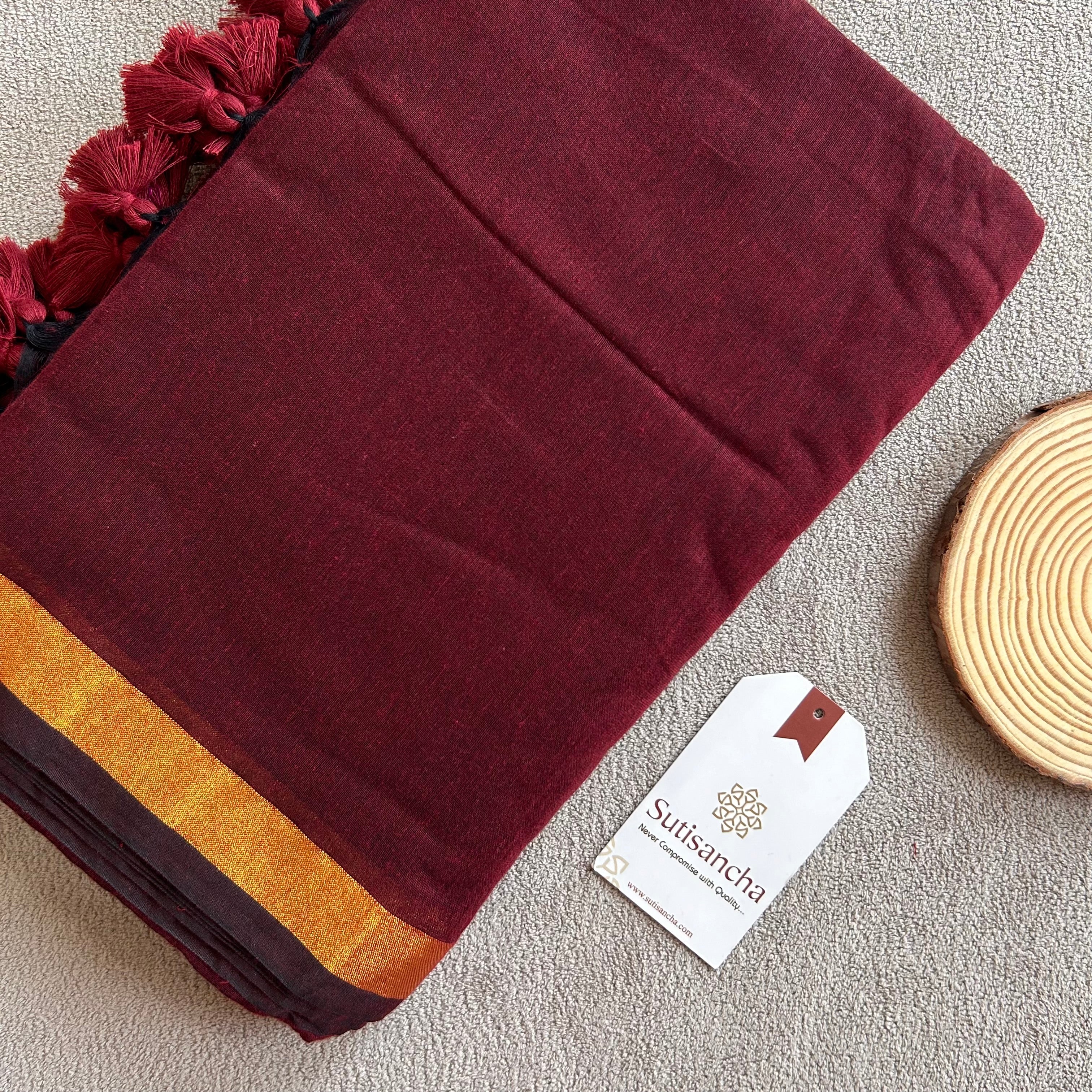 Traditional Maroon Cotton Saree with Golden Zari Edging