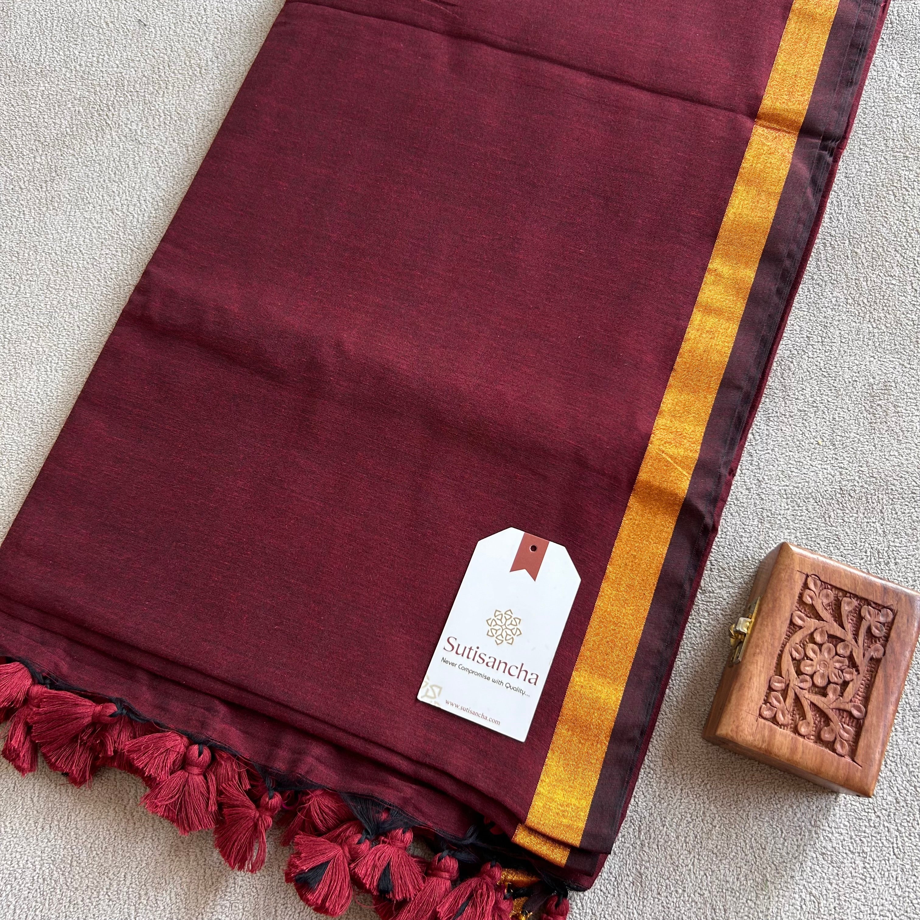 Traditional Maroon Cotton Saree with Golden Zari Edging