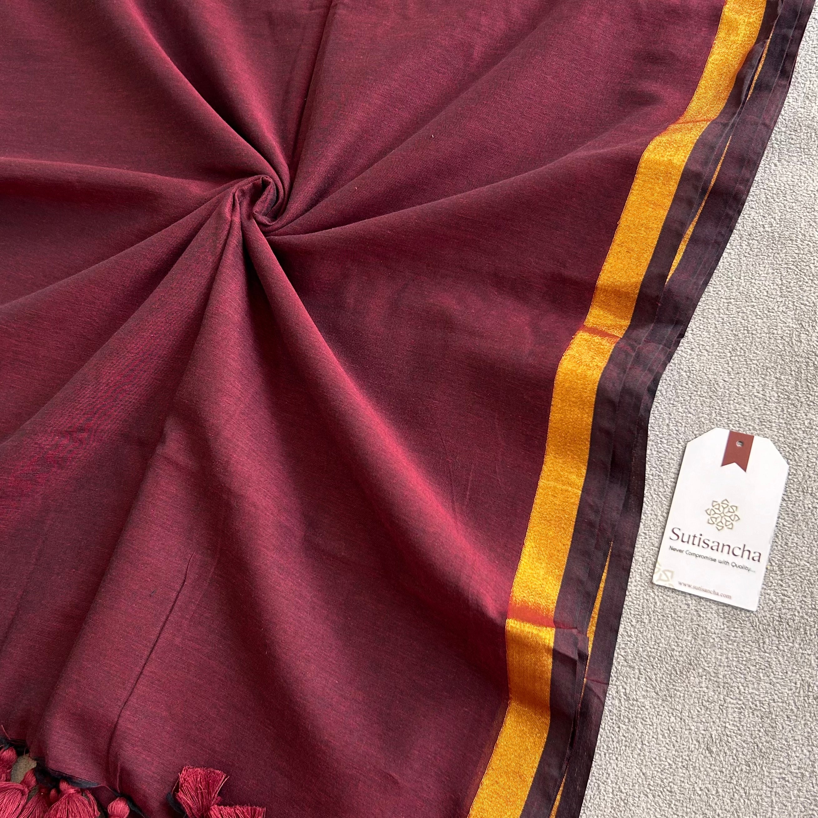 Traditional Maroon Cotton Saree with Golden Zari Edging