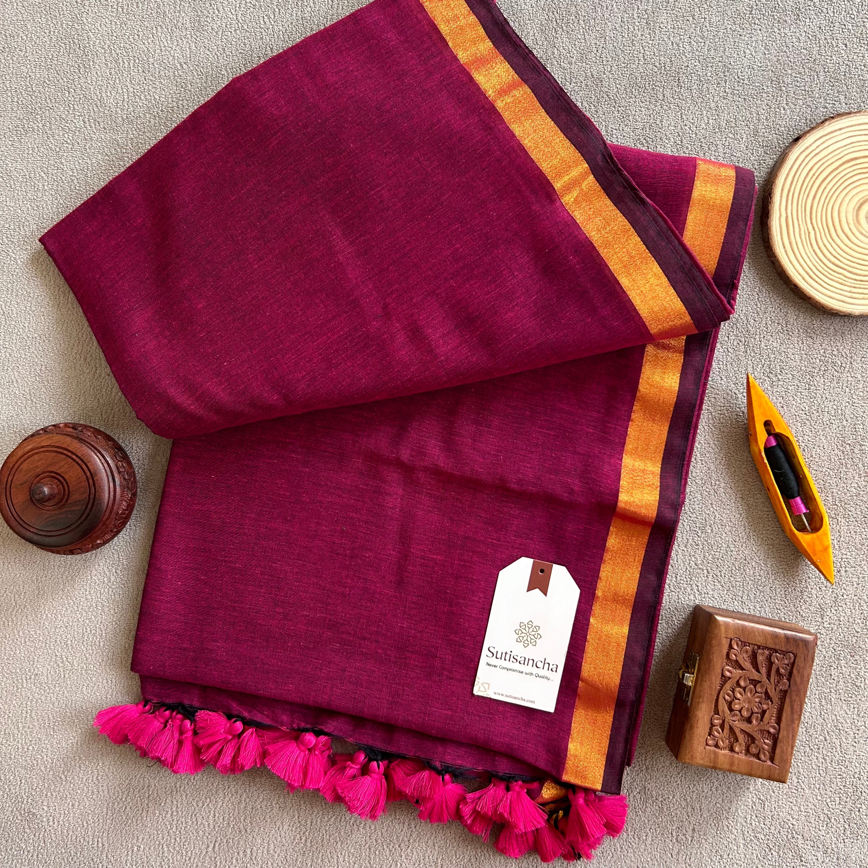 Traditional Pink Cotton Saree with Golden Zari Edging