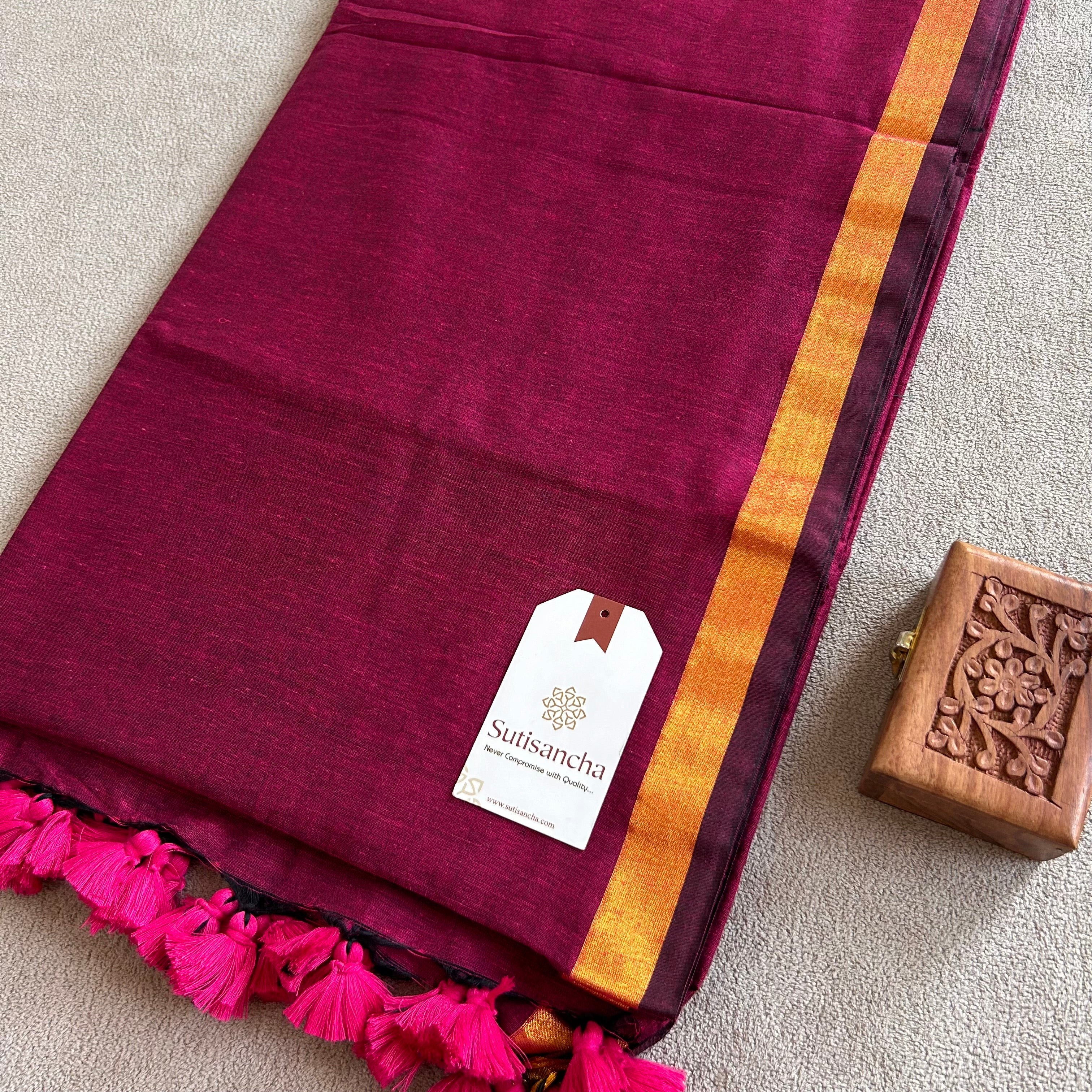 Traditional Pink Cotton Saree with Golden Zari Edging
