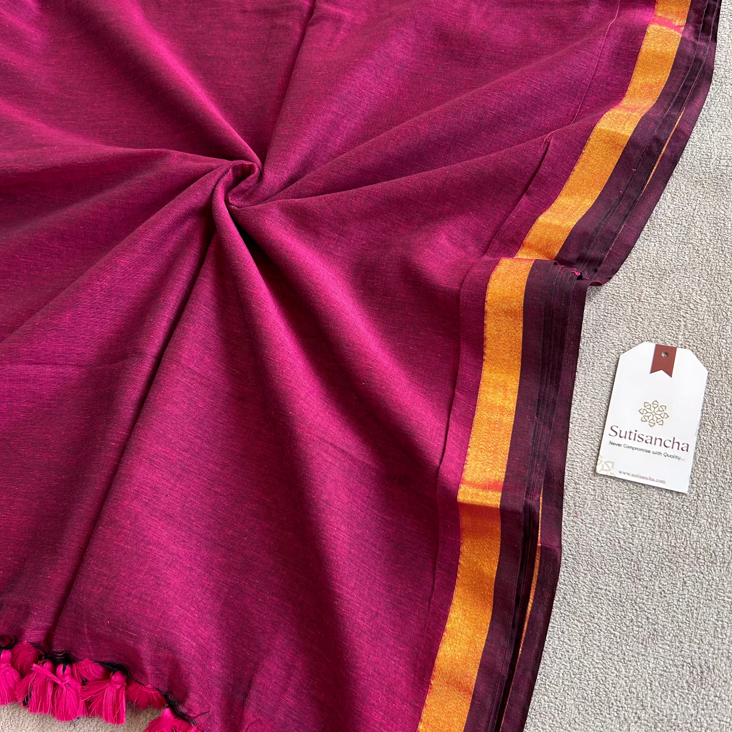 Traditional Pink Cotton Saree with Golden Zari Edging