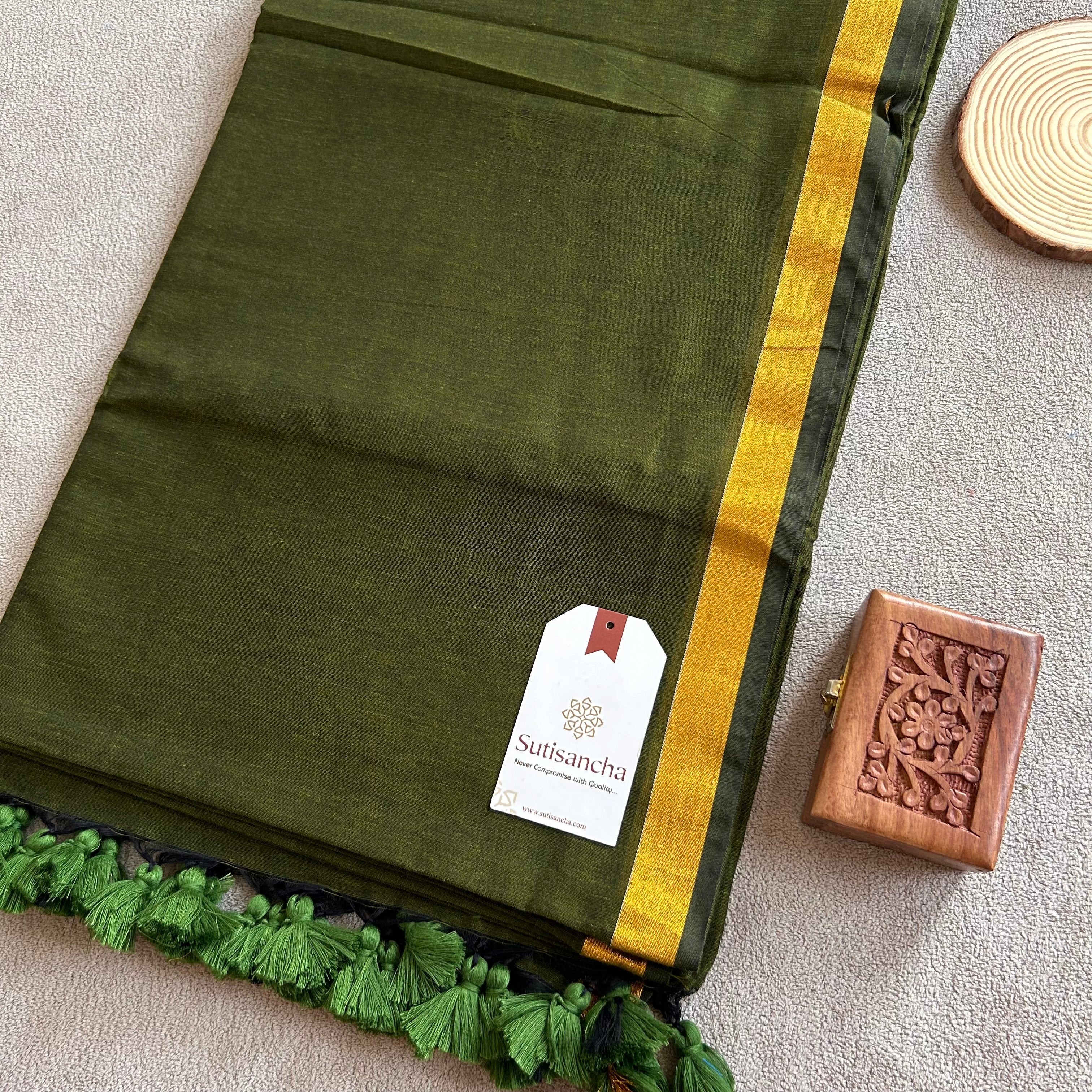 Traditional Mehndi Cotton Saree with Golden Zari Edging