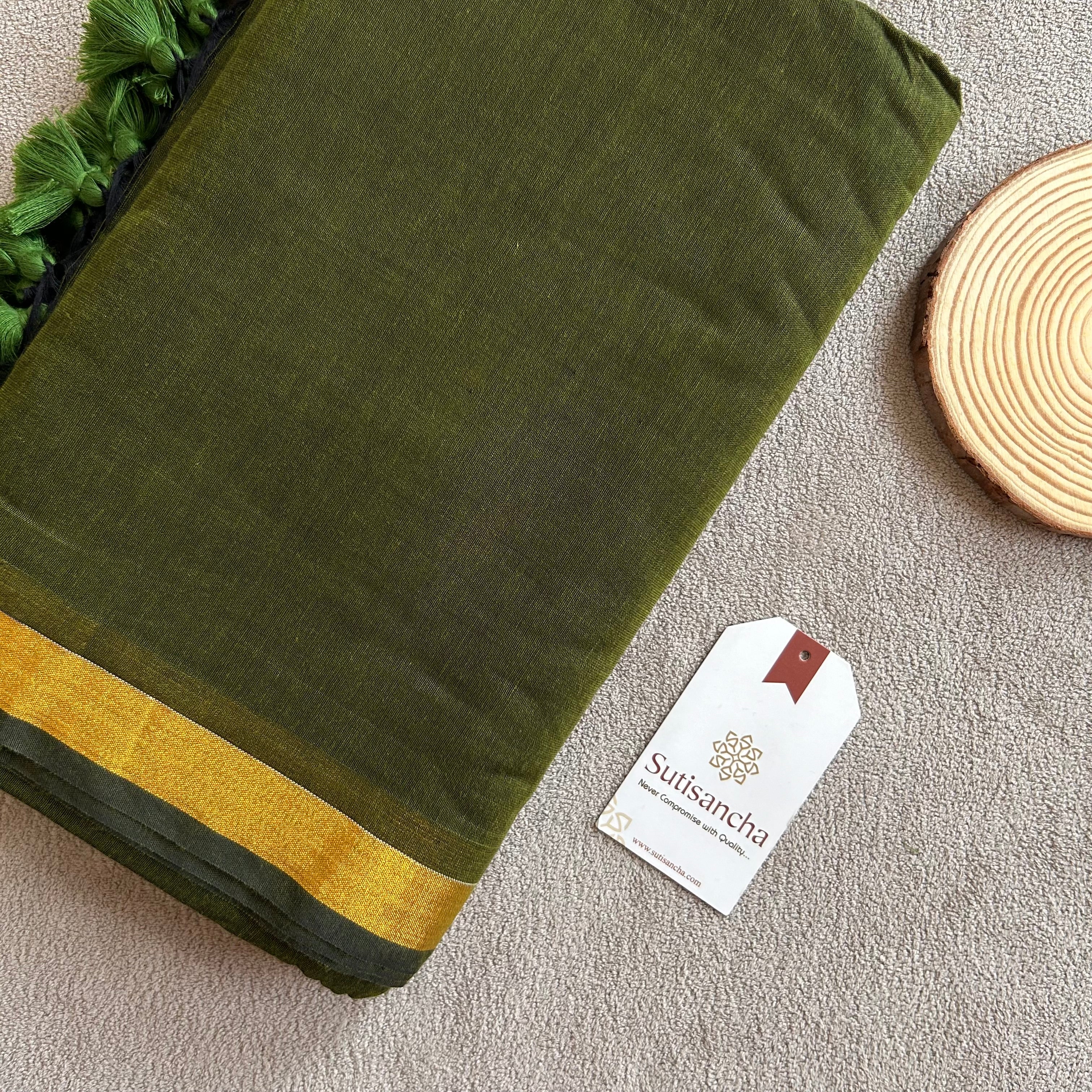 Traditional Mehndi Cotton Saree with Golden Zari Edging