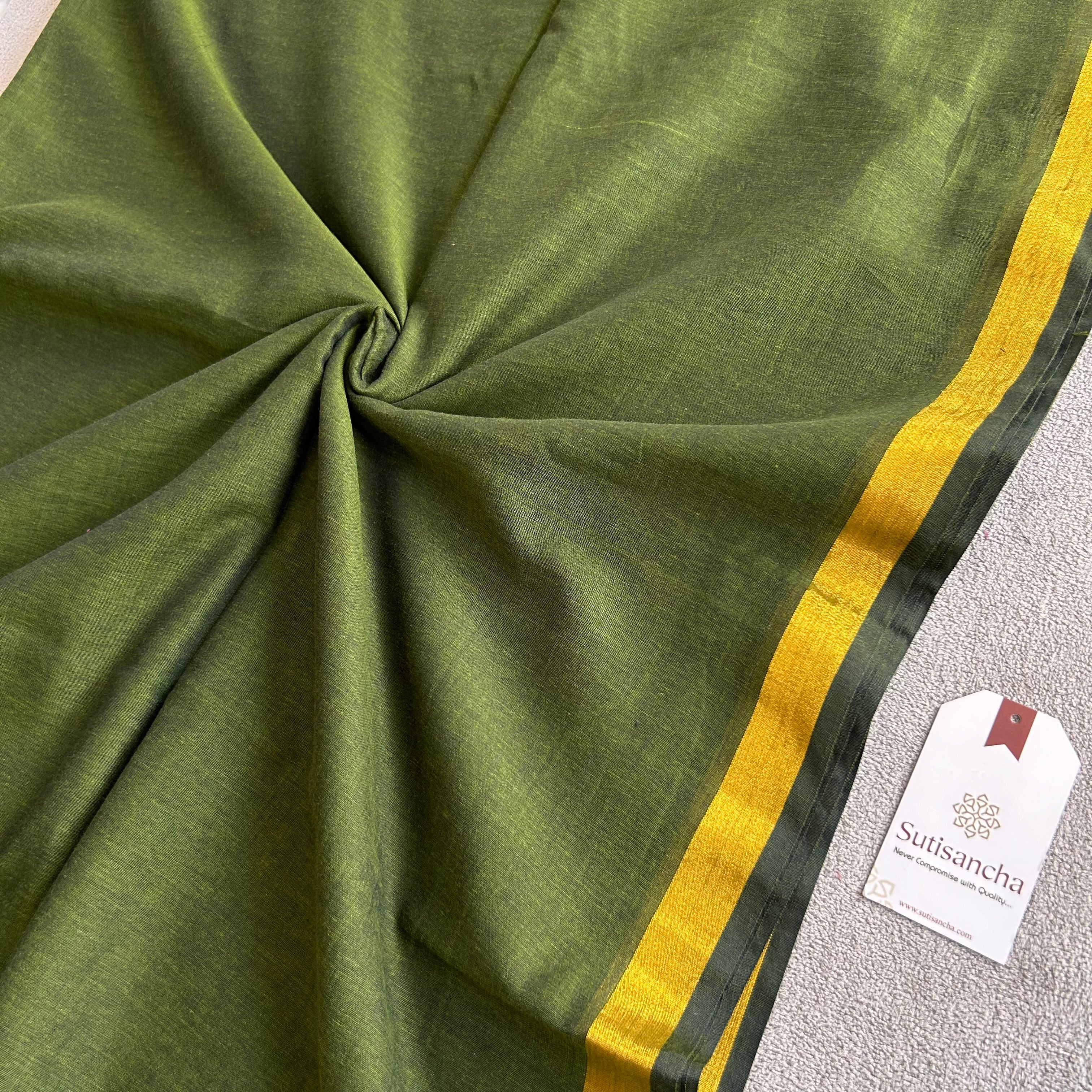 Traditional Mehndi Cotton Saree with Golden Zari Edging