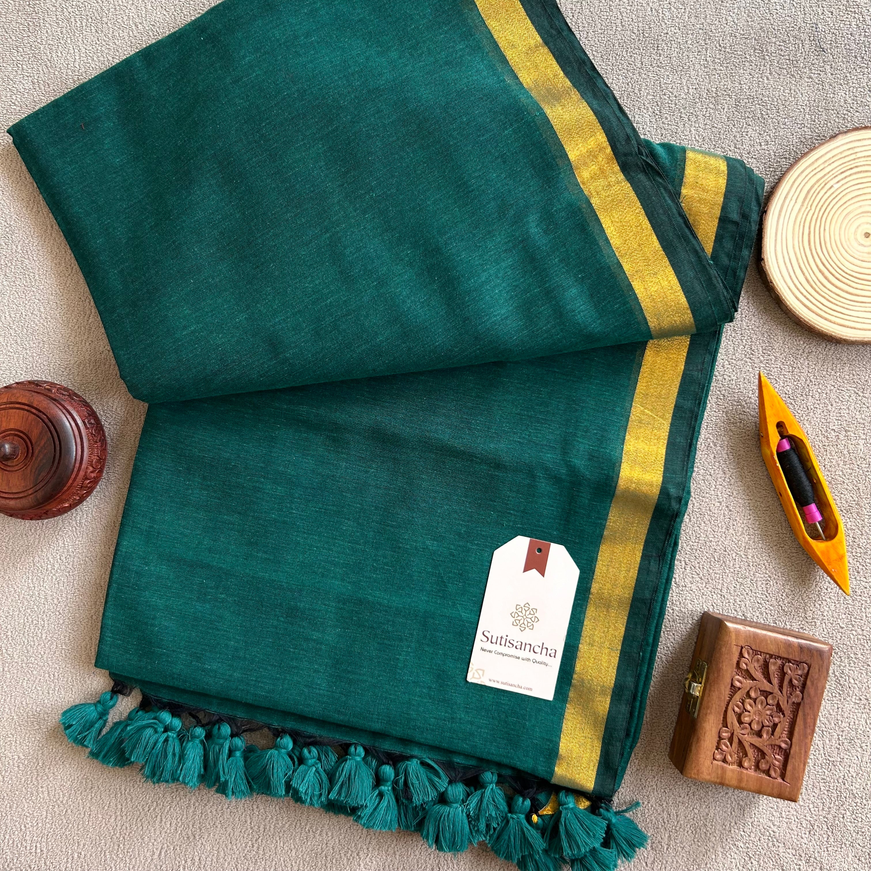 Traditional Rama Cotton Saree with Golden Zari Edging
