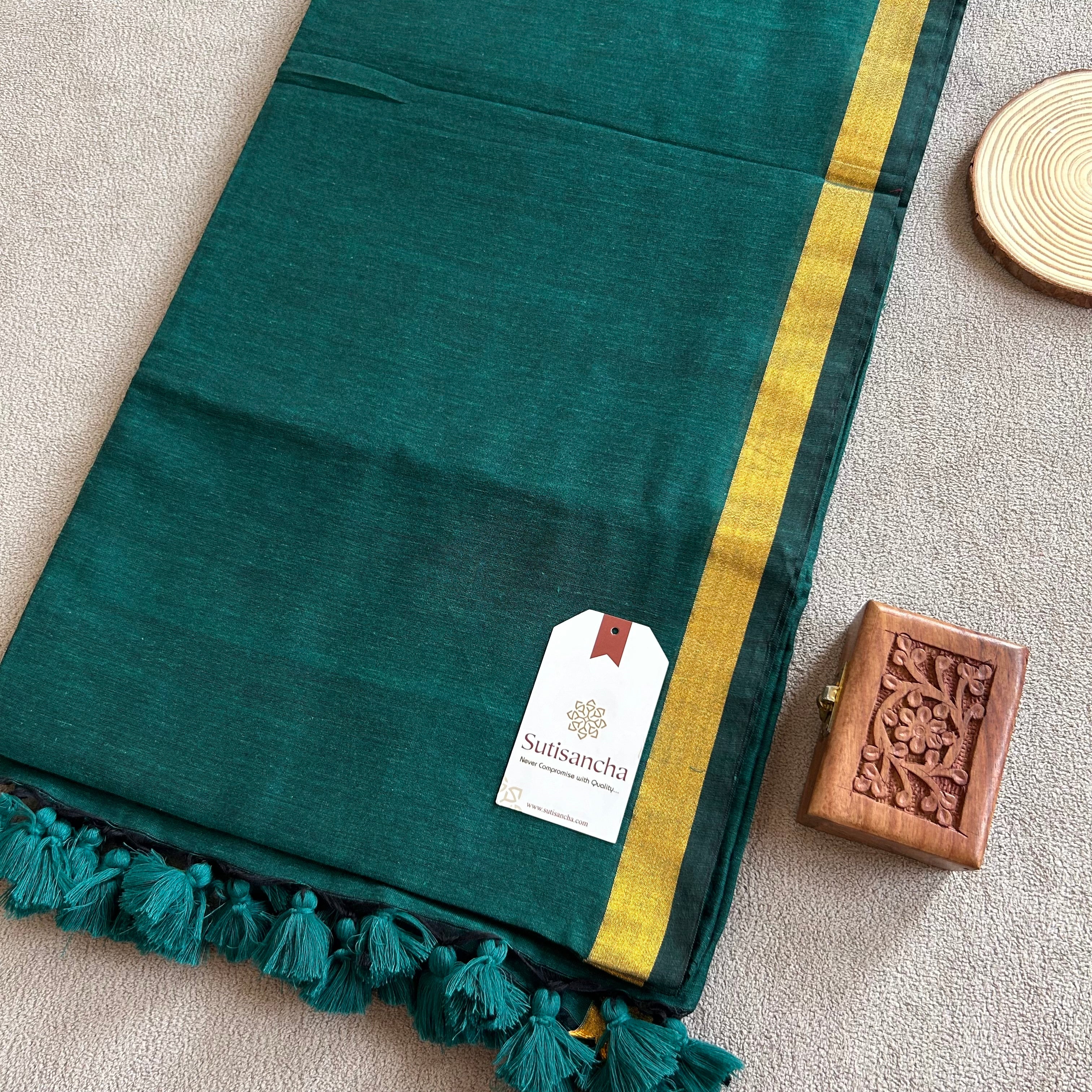 Traditional Rama Cotton Saree with Golden Zari Edging