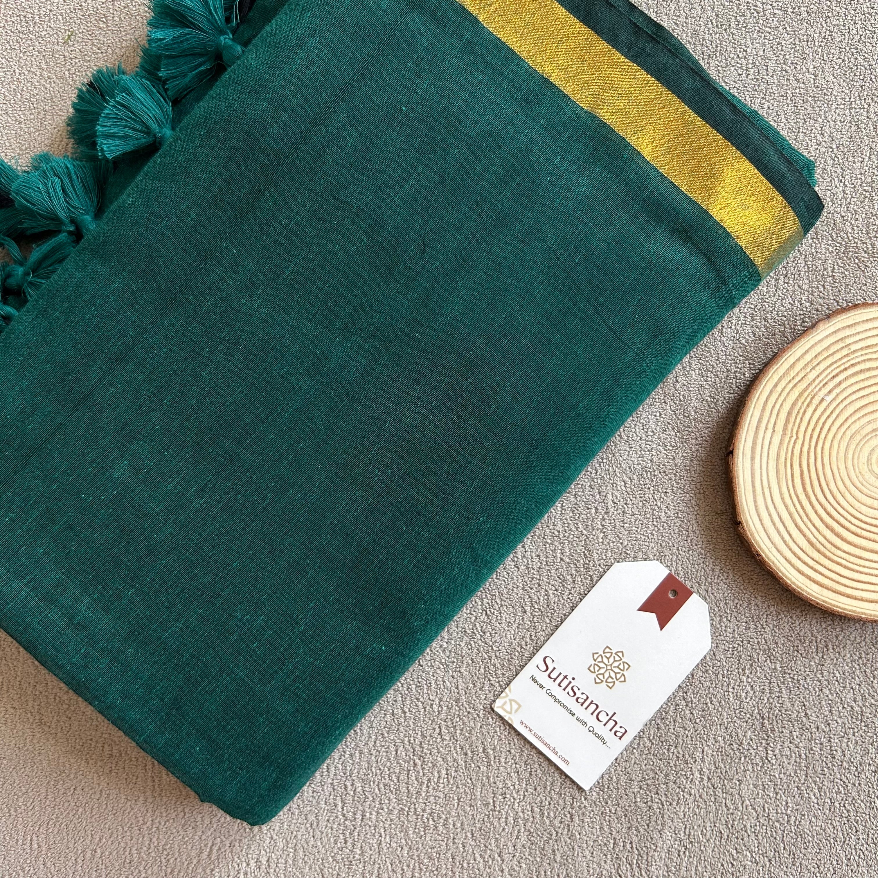 Traditional Rama Cotton Saree with Golden Zari Edging