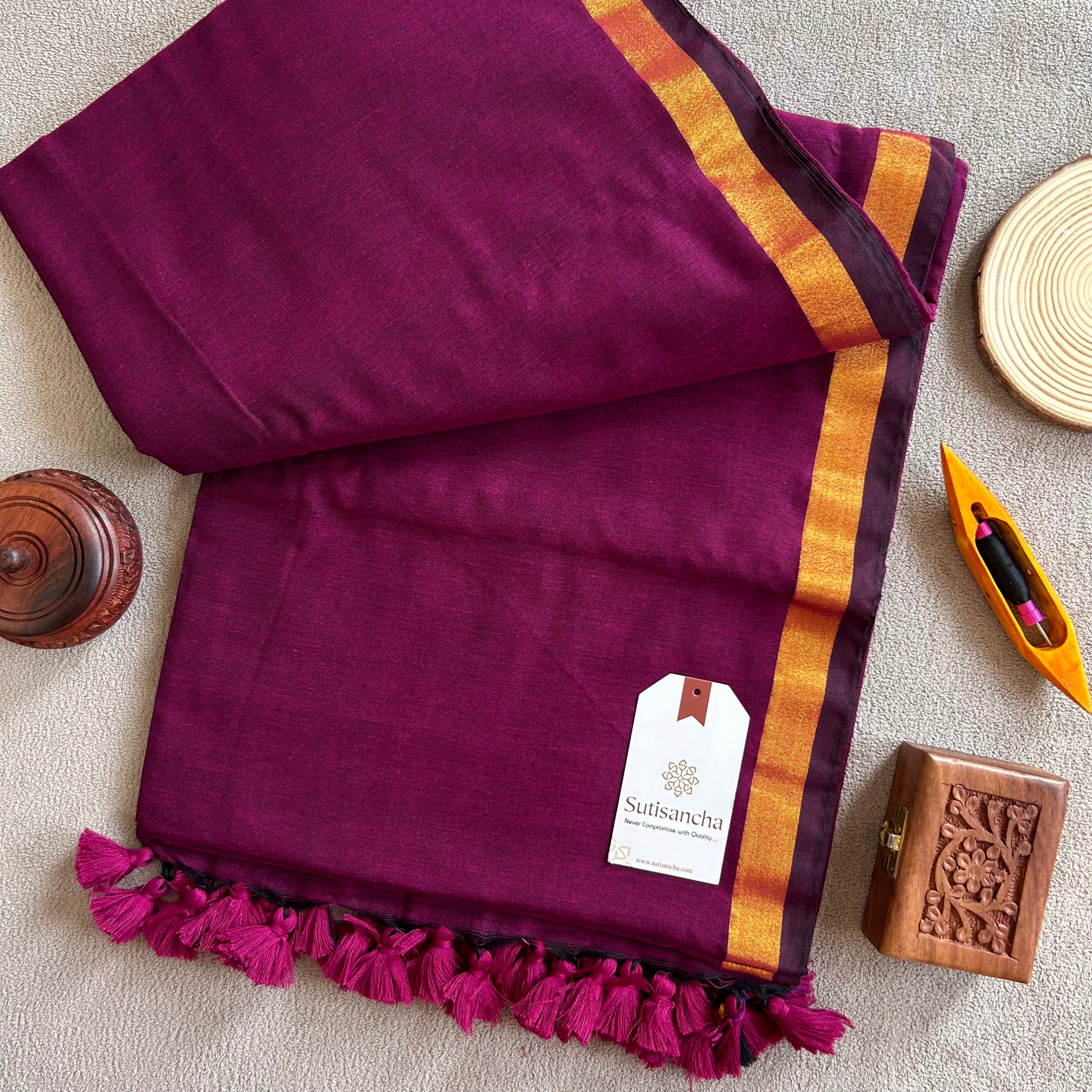 Traditional Magenta Cotton Saree with Golden Zari Edging